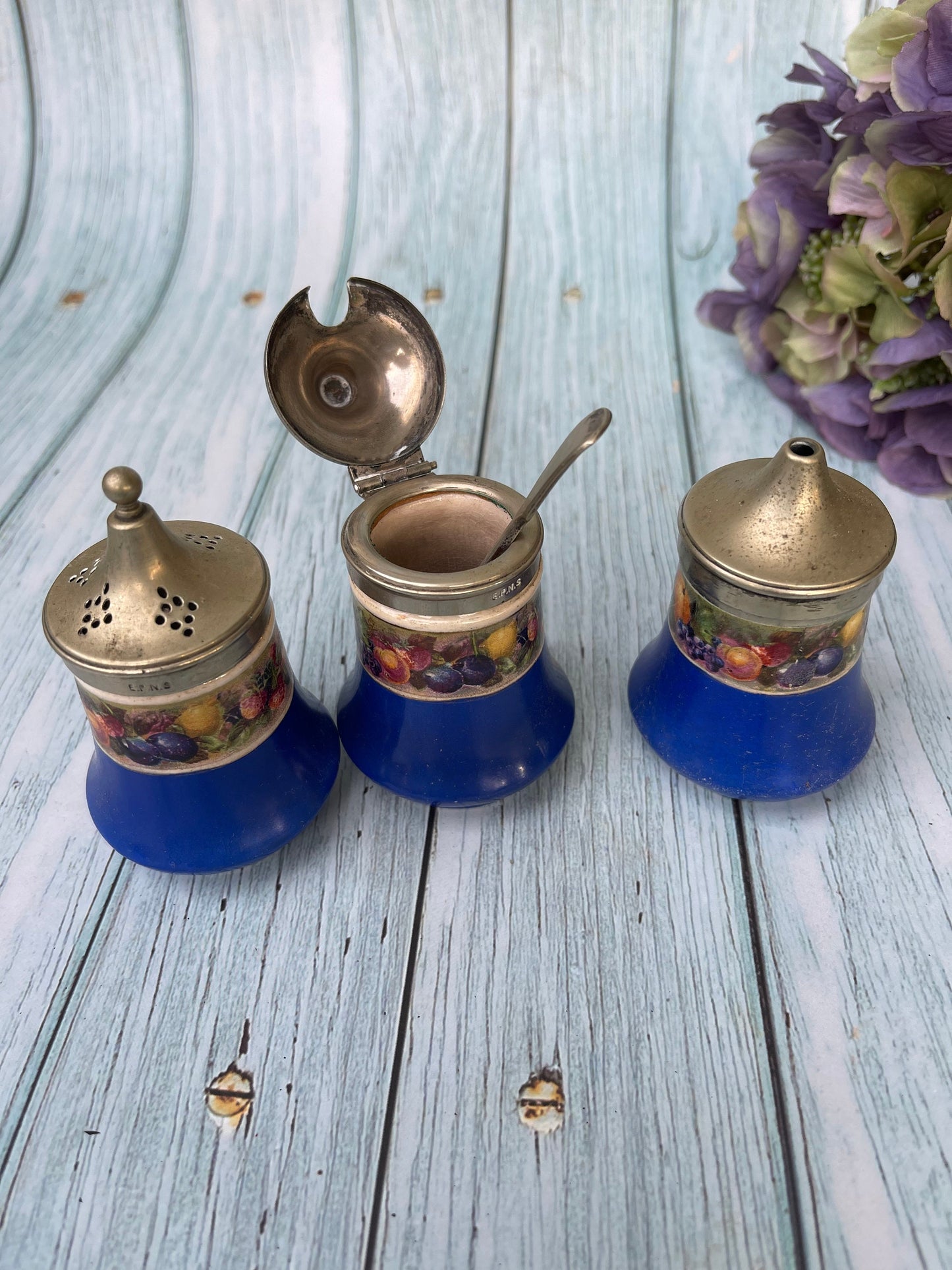 Pretty Blue Ceramic Antique Cruet Set with Transfer Print Design of Fruits and EPNS Silver Plated Lids