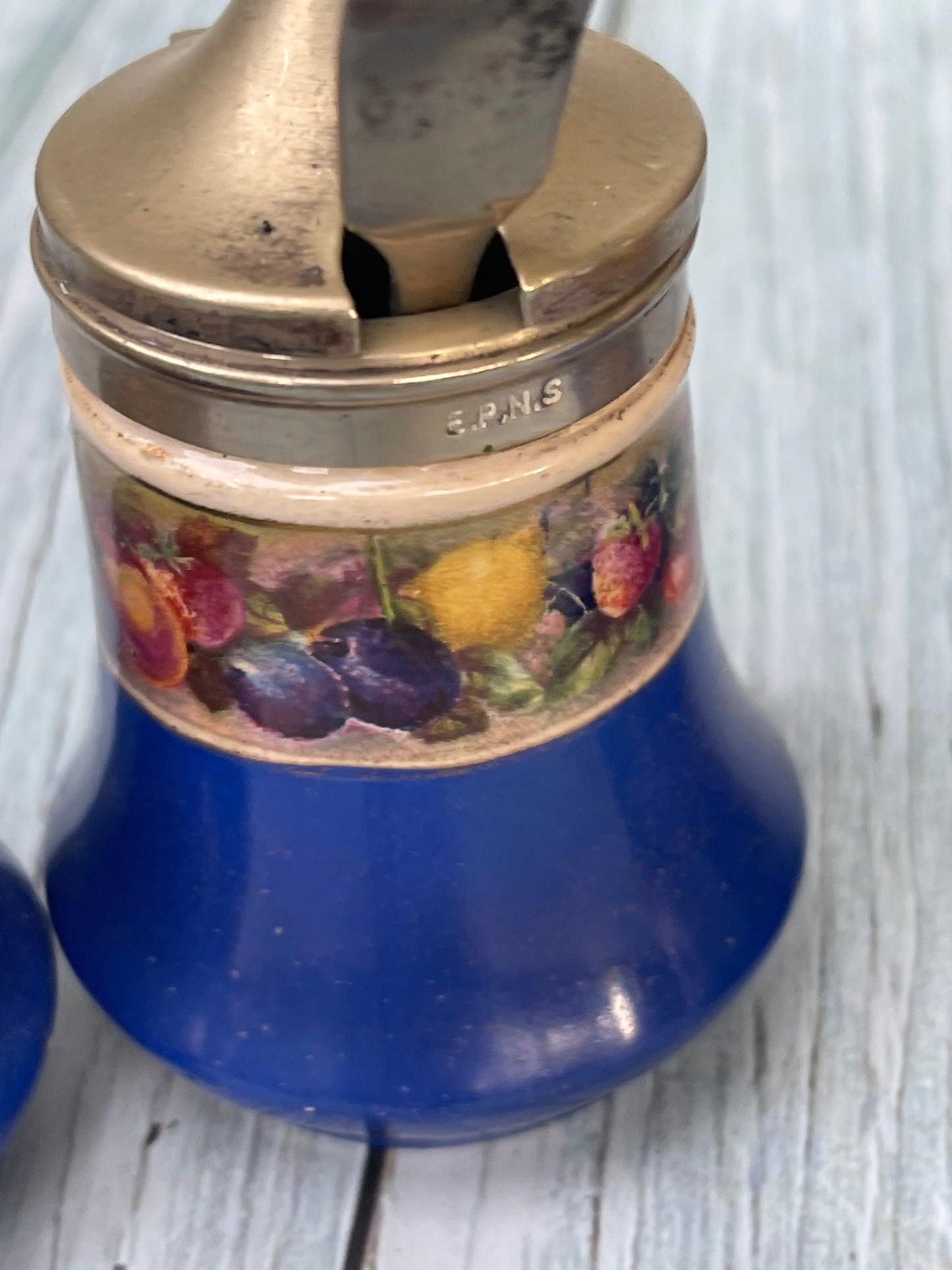 Pretty Blue Ceramic Antique Cruet Set with Transfer Print Design of Fruits and EPNS Silver Plated Lids