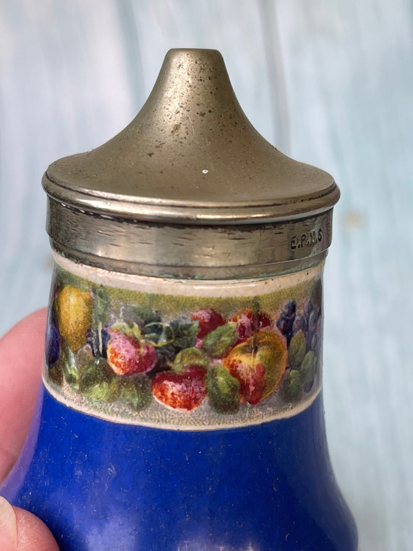 Pretty Blue Ceramic Antique Cruet Set with Transfer Print Design of Fruits and EPNS Silver Plated Lids