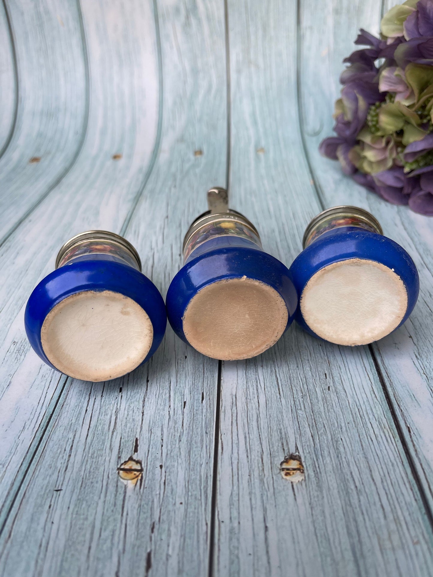 Pretty Blue Ceramic Antique Cruet Set with Transfer Print Design of Fruits and EPNS Silver Plated Lids