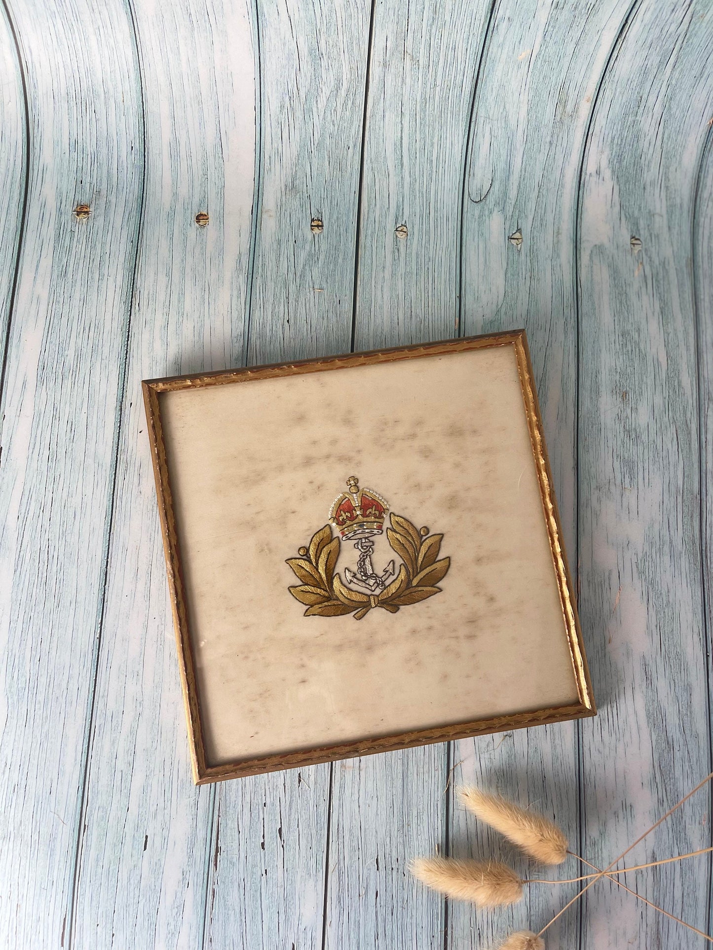 Antique Edwardian Framed Royal Navy Military Emblem Embroidery on Silk in a Square Wooden Frame with Crown, Anchor and Laurel Wreath