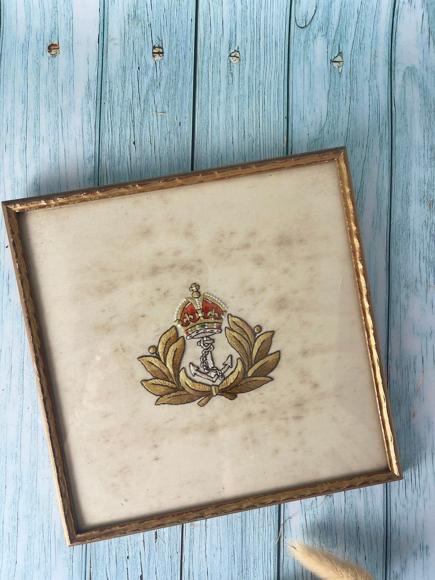 Antique Edwardian Framed Royal Navy Military Emblem Embroidery on Silk in a Square Wooden Frame with Crown, Anchor and Laurel Wreath