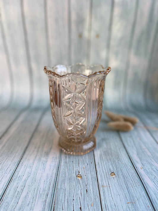 Vintage Dusky Pale Salmon Pink Cut Glass Vase