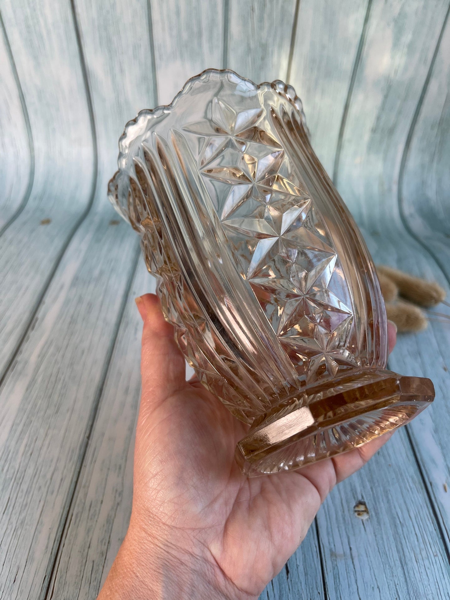 Vintage Dusky Pale Salmon Pink Cut Glass Vase