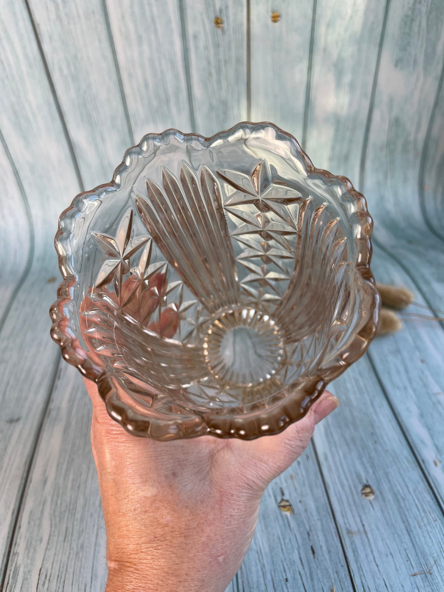 Vintage Dusky Pale Salmon Pink Cut Glass Vase