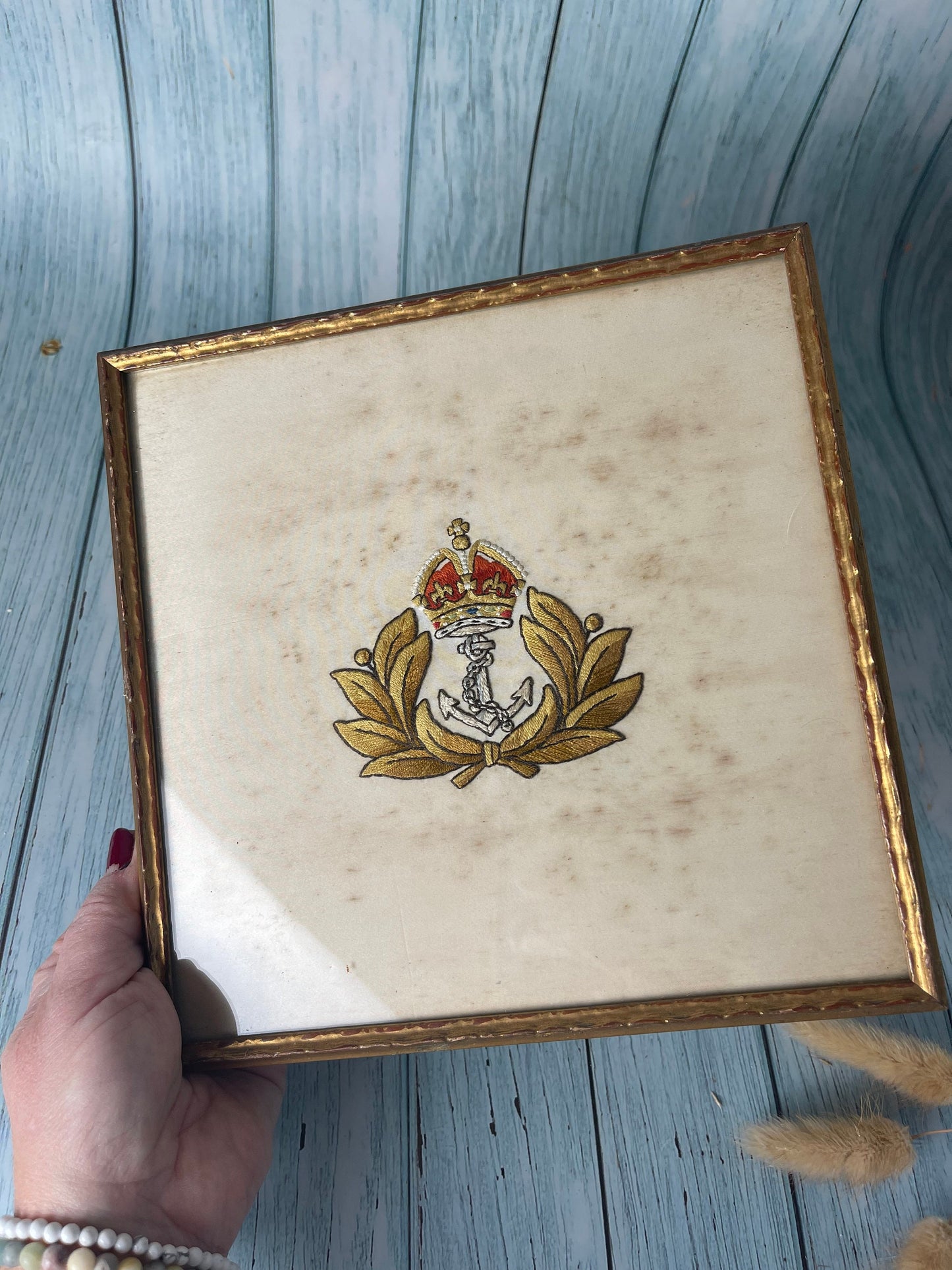 Antique Edwardian Framed Royal Navy Military Emblem Embroidery on Silk in a Square Wooden Frame with Crown, Anchor and Laurel Wreath