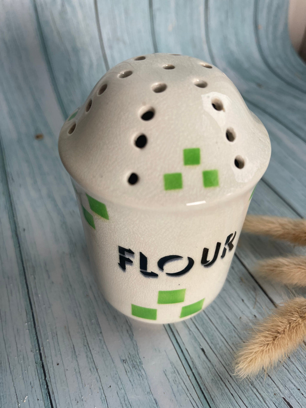 Vintage 1930s T G Green "Checkers" Design Rare Ceramic Flour Sifter / Collectible Green & White Kitchenalia