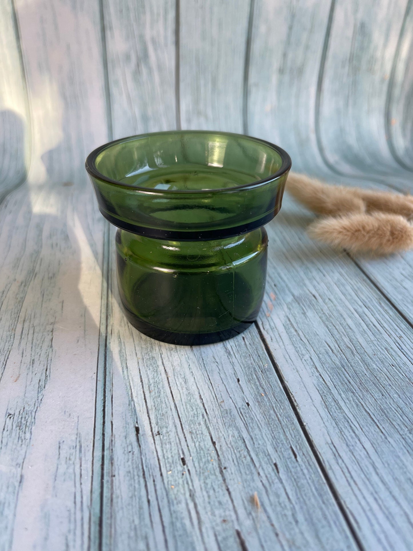 1960s Dansk Designs Ltd Candleholder by Jens Harald Quistgaard /  Green Glass Vintage  Green Glass Tealight or Pillar Candle Holder