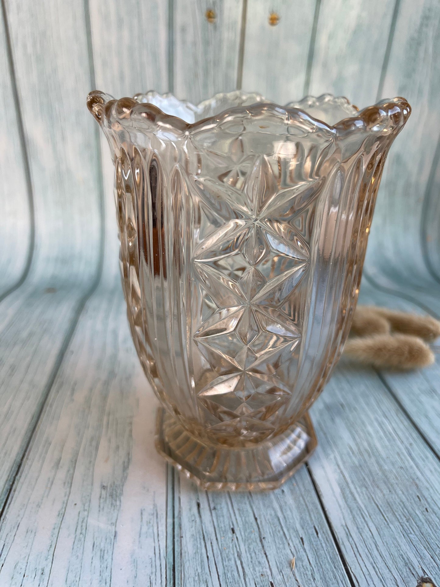 Vintage Dusky Pale Salmon Pink Cut Glass Vase