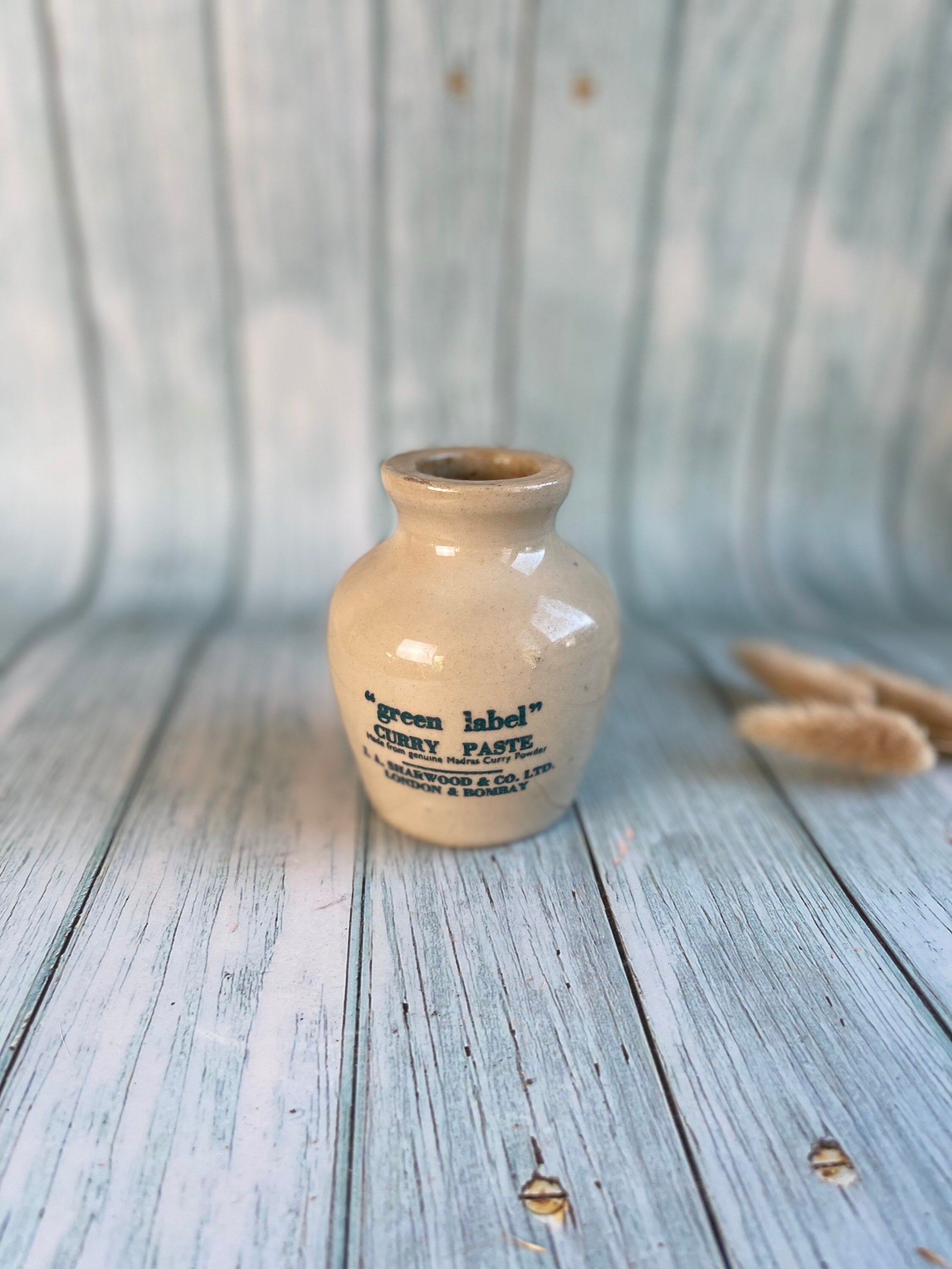 Vintage Stoneware Green Label Curry Paste Jar by J A Sharwood & Co Ltd with Original Cork Stopper