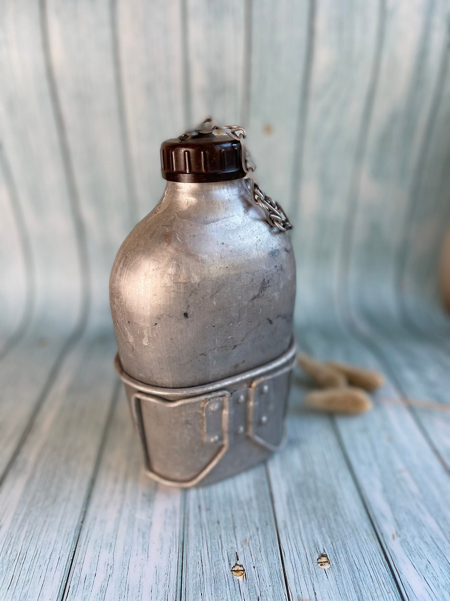 Vintage 1950s French Army Canteen / A. Bourgeat Aluminium Gourd Flask / Militaria