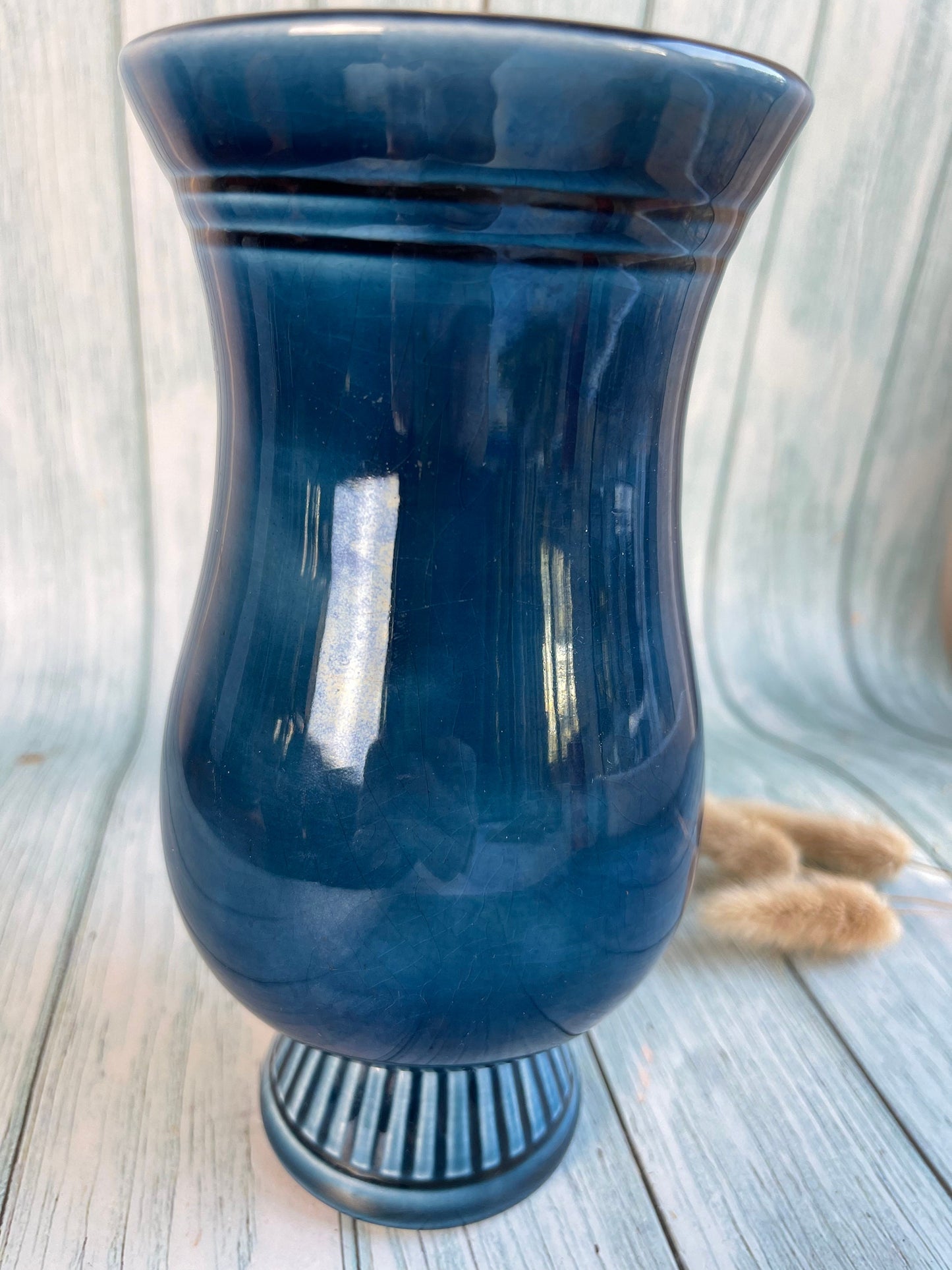 Vintage Deep Blue Prinknash Vase with Geometric Pattern Base