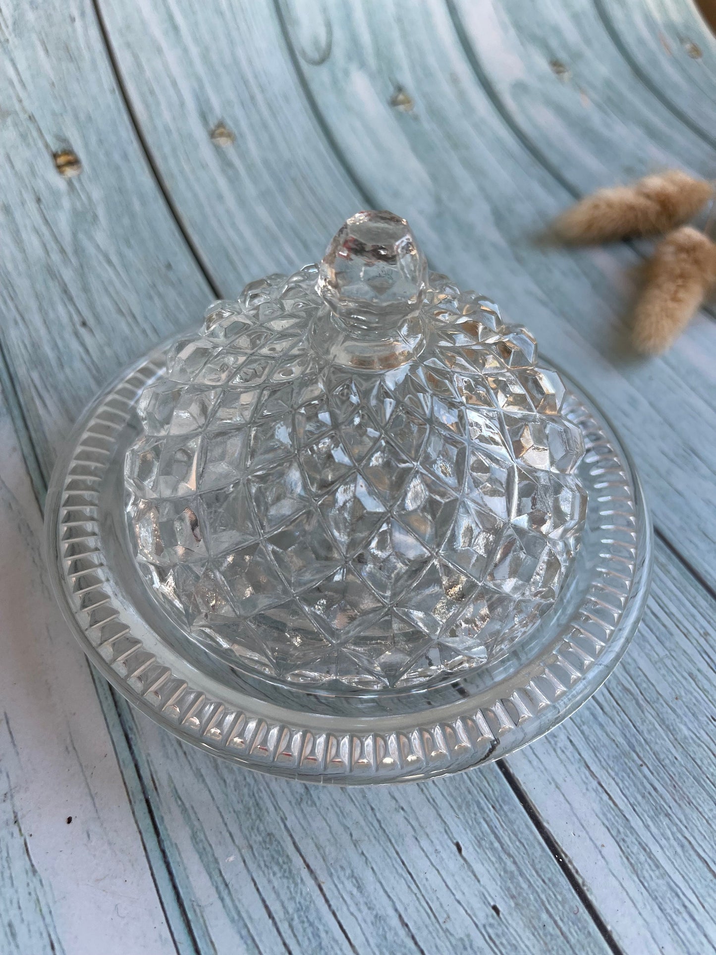 Pretty Vintage Round Domed Glass Faceted Butter Dish or Cloche with Cloche Style Lid