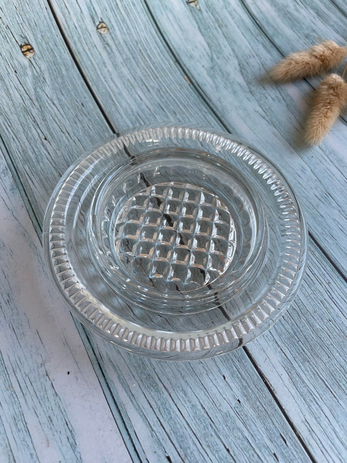 Pretty Vintage Round Domed Glass Faceted Butter Dish or Cloche with Cloche Style Lid