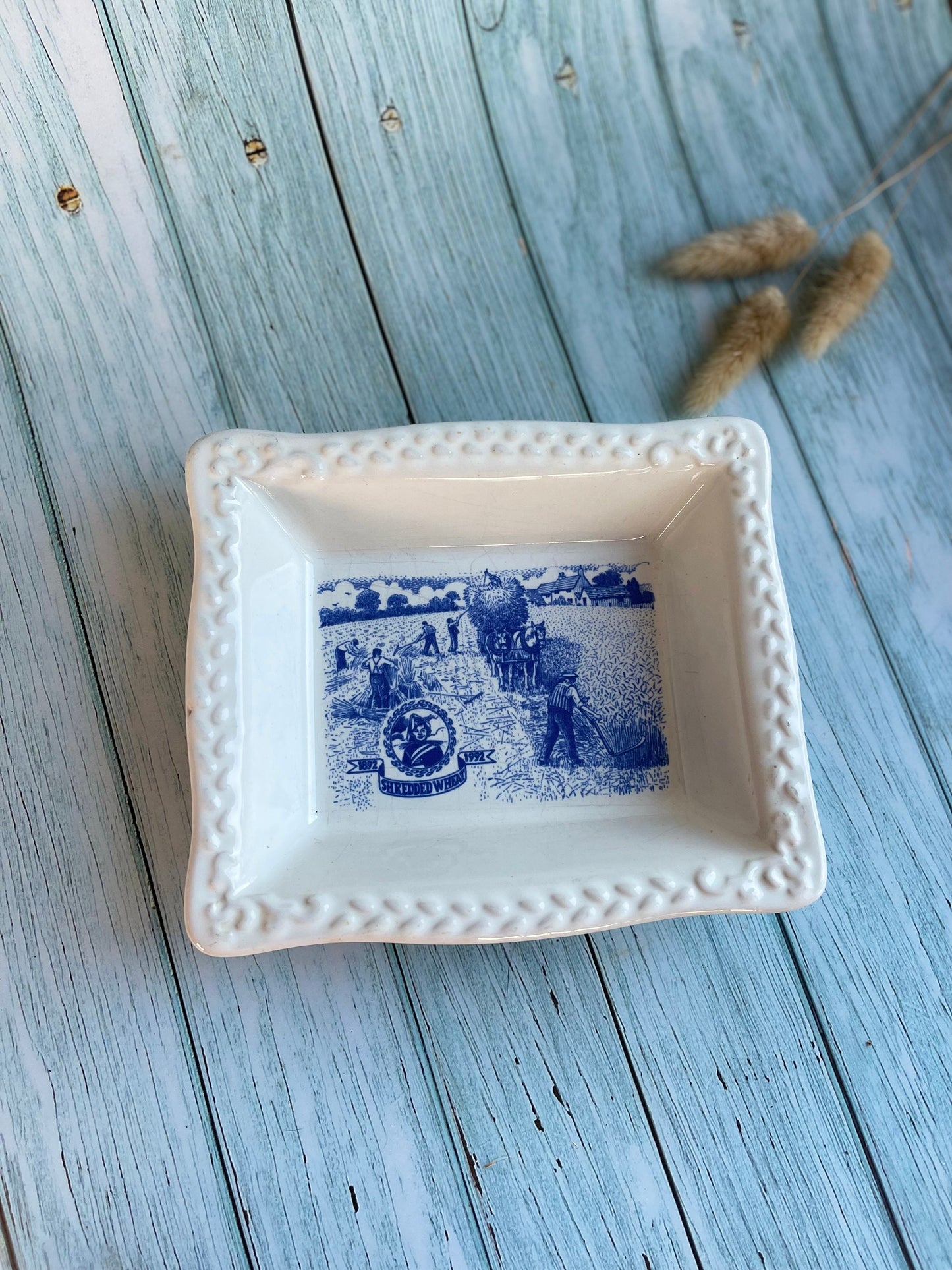 Vintage Shredded Wheat Centenary Dish 1892 -1992, Blue and White Cereal Bowl