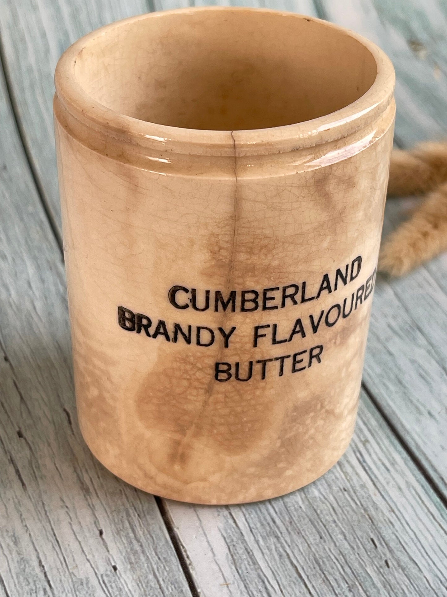 Antique English Stoneware Butter Pot Advertising Cumberland Brandy Flavoured Butter / Amazing Crazing!