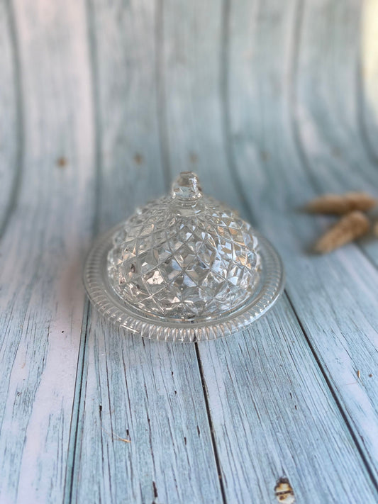 Pretty Vintage Round Domed Glass Faceted Butter Dish or Cloche with Cloche Style Lid