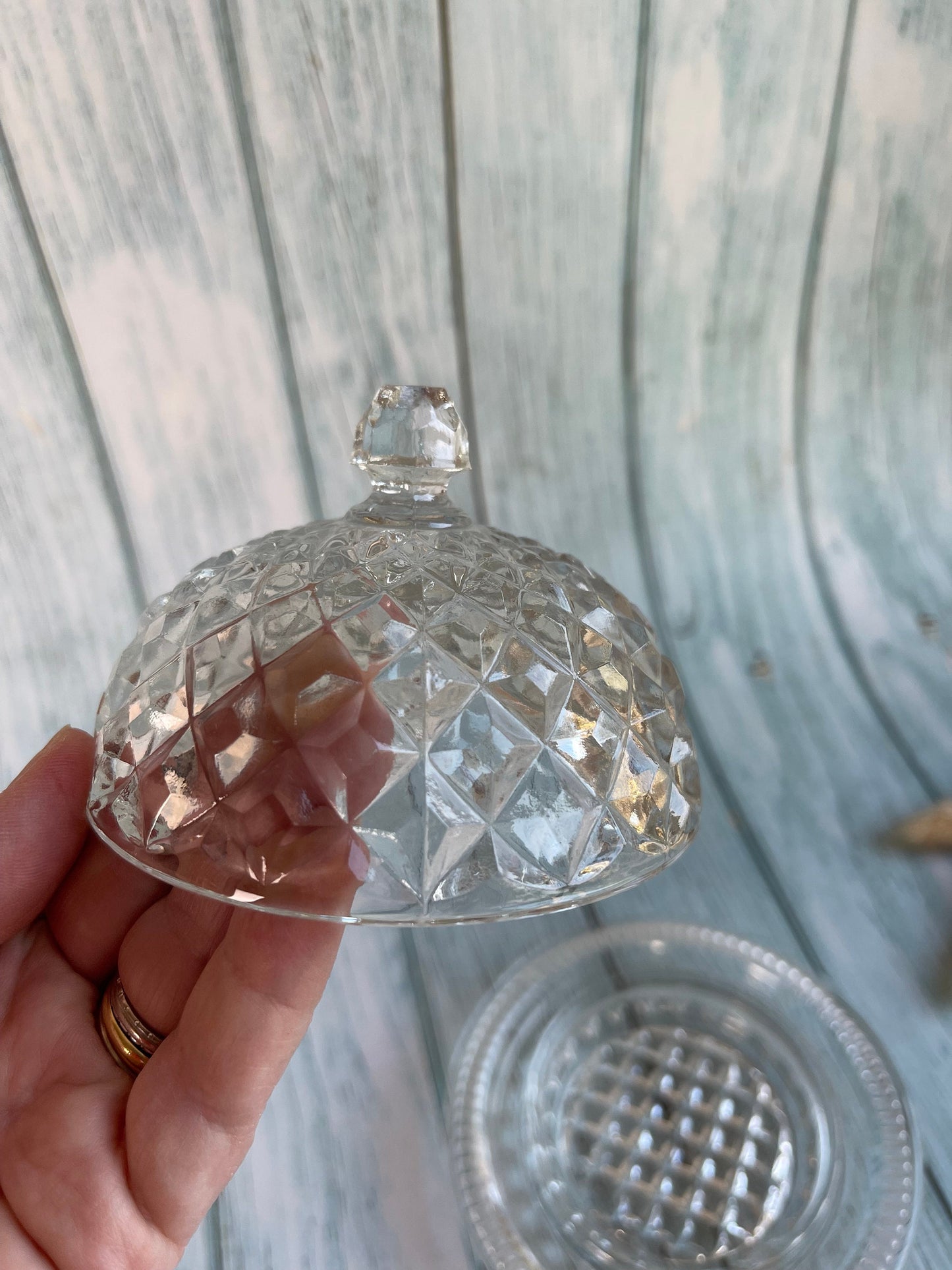 Pretty Vintage Round Domed Glass Faceted Butter Dish or Cloche with Cloche Style Lid