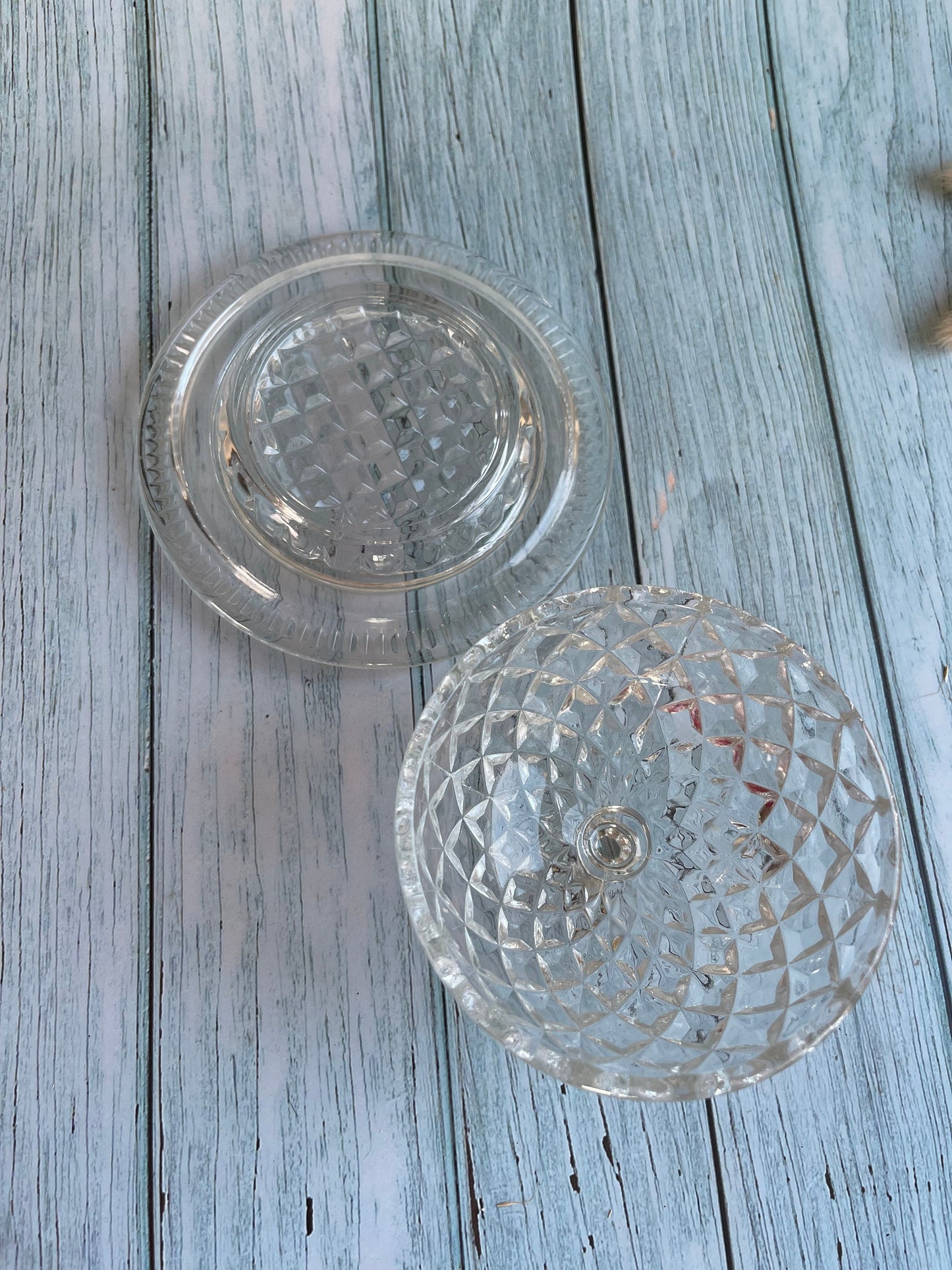 Pretty Vintage Round Domed Glass Faceted Butter Dish or Cloche with Cloche Style Lid