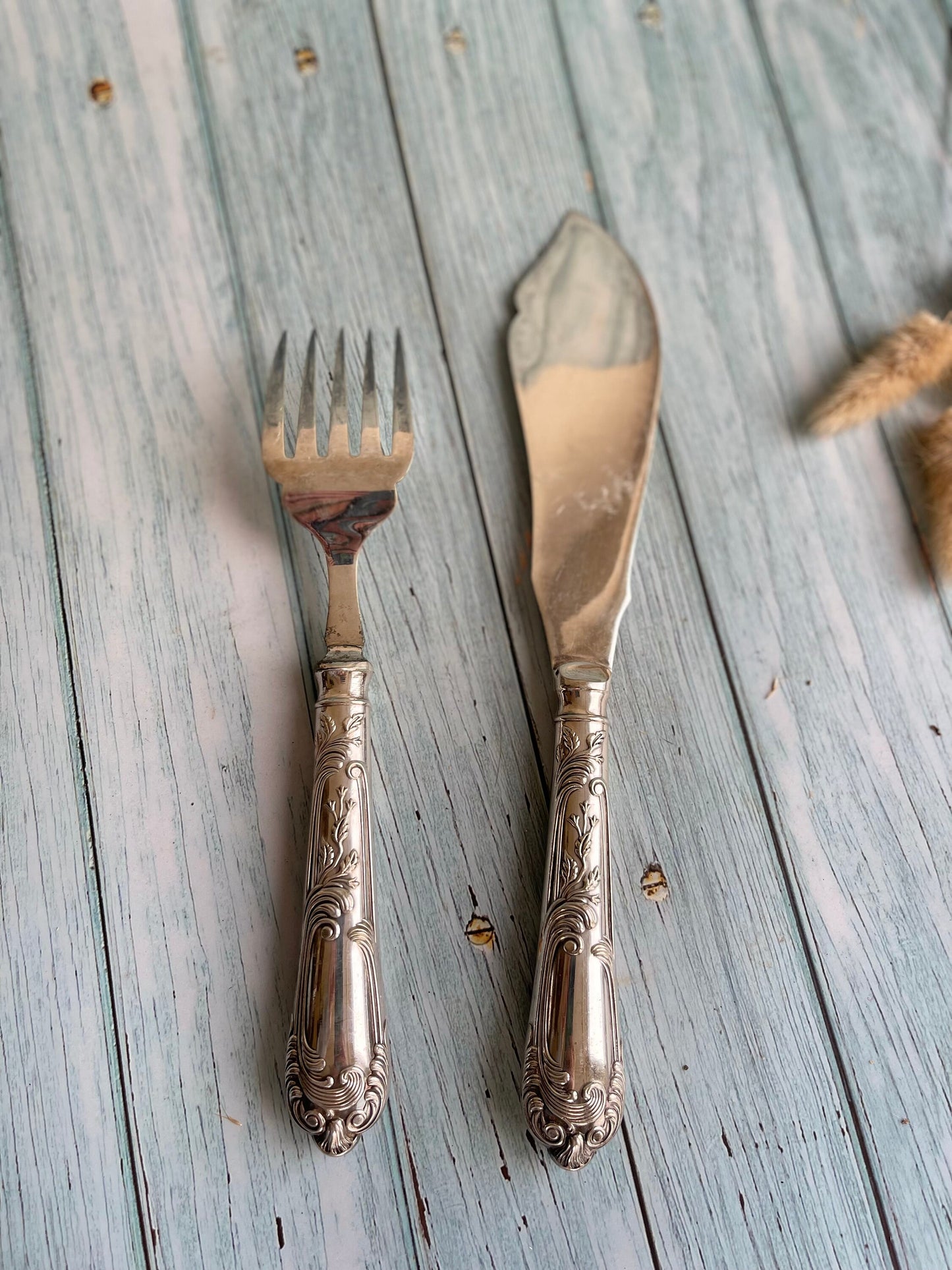 Vintage Ornate Silver Plate Fish Servers / Large Filleting Knife and Large Five Prong Fork