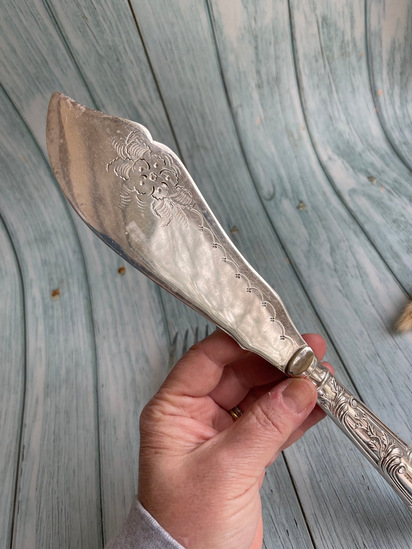 Vintage Ornate Silver Plate Fish Servers / Large Filleting Knife and Large Five Prong Fork