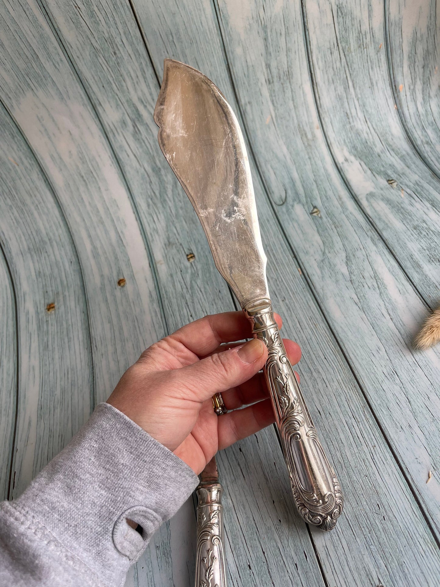 Vintage Ornate Silver Plate Fish Servers / Large Filleting Knife and Large Five Prong Fork