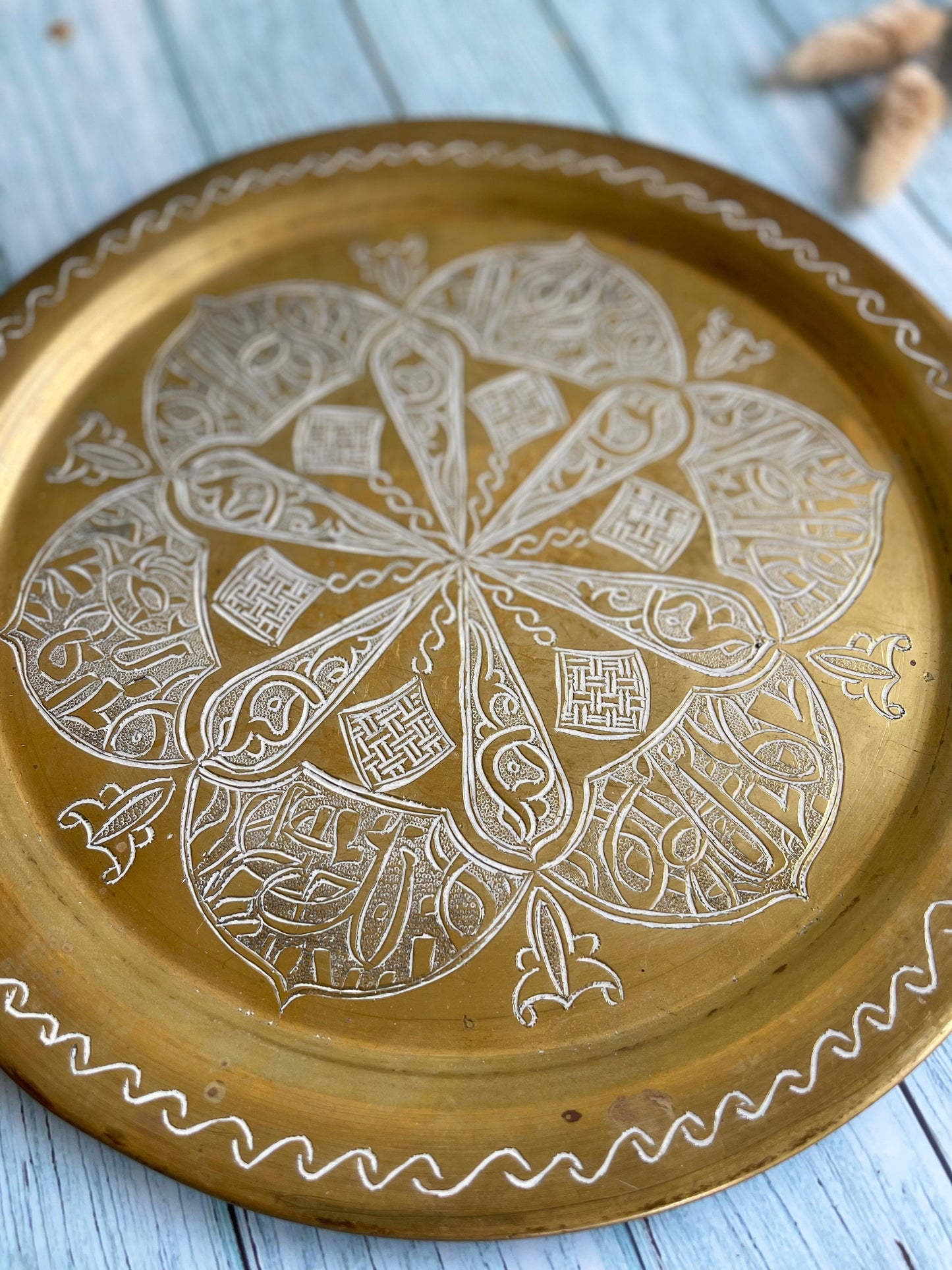 Vintage Etched Moorish Brass Tray /Platter / Plate