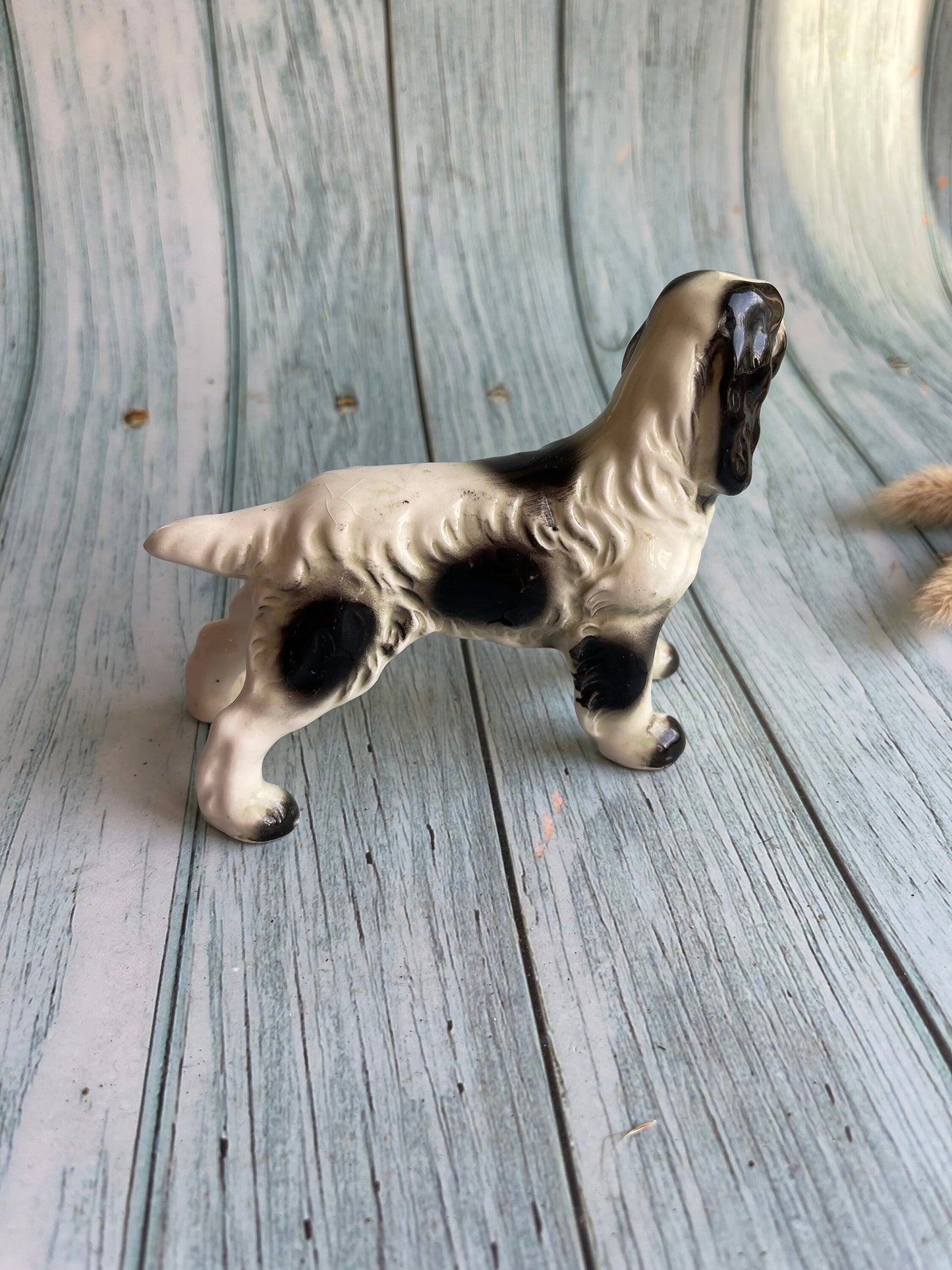 Vintage 1950s Dog Figurine Black and White English Setter or English Springer Spaniel