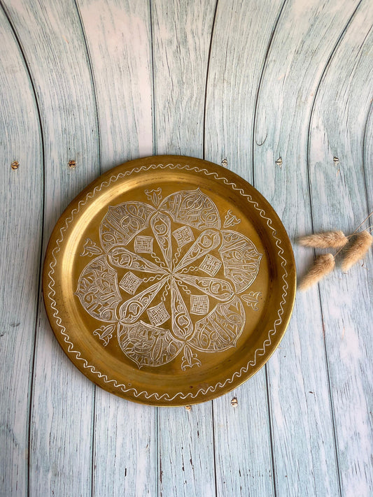 Vintage Etched Moorish Brass Tray /Platter / Plate