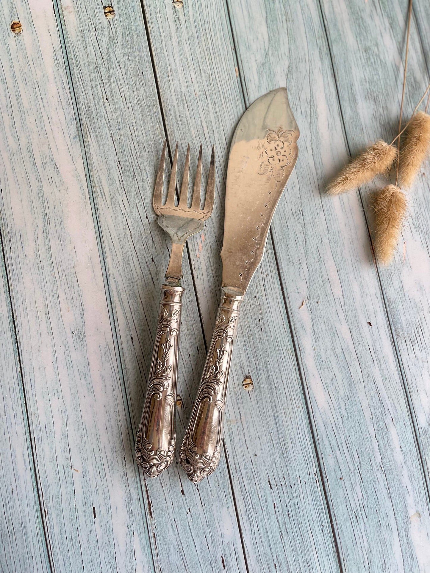 Vintage Ornate Silver Plate Fish Servers / Large Filleting Knife and Large Five Prong Fork