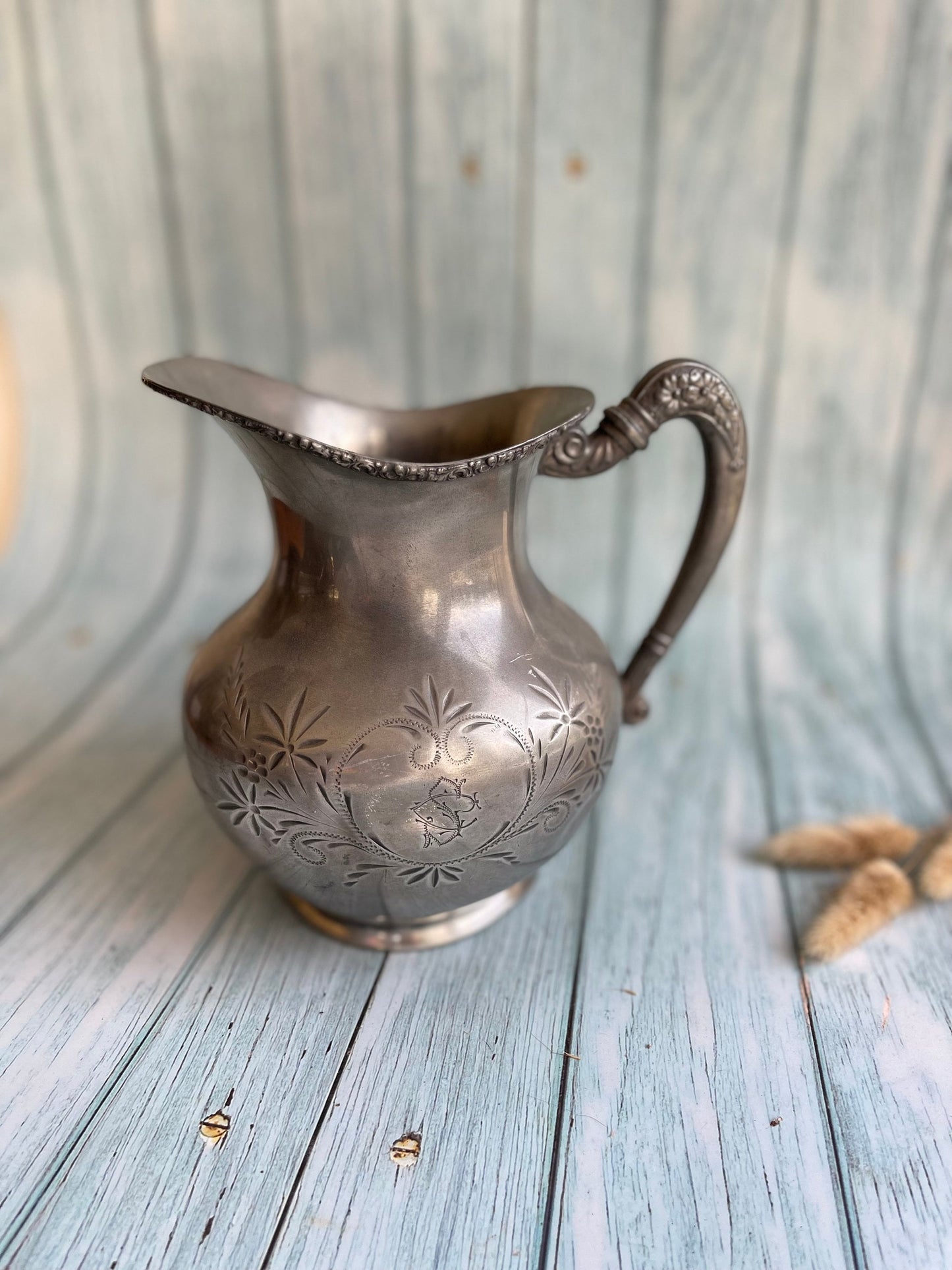 Antique Imperial Silver Plate 1746 Jug with Flower Detail / Shabby Chic Vase