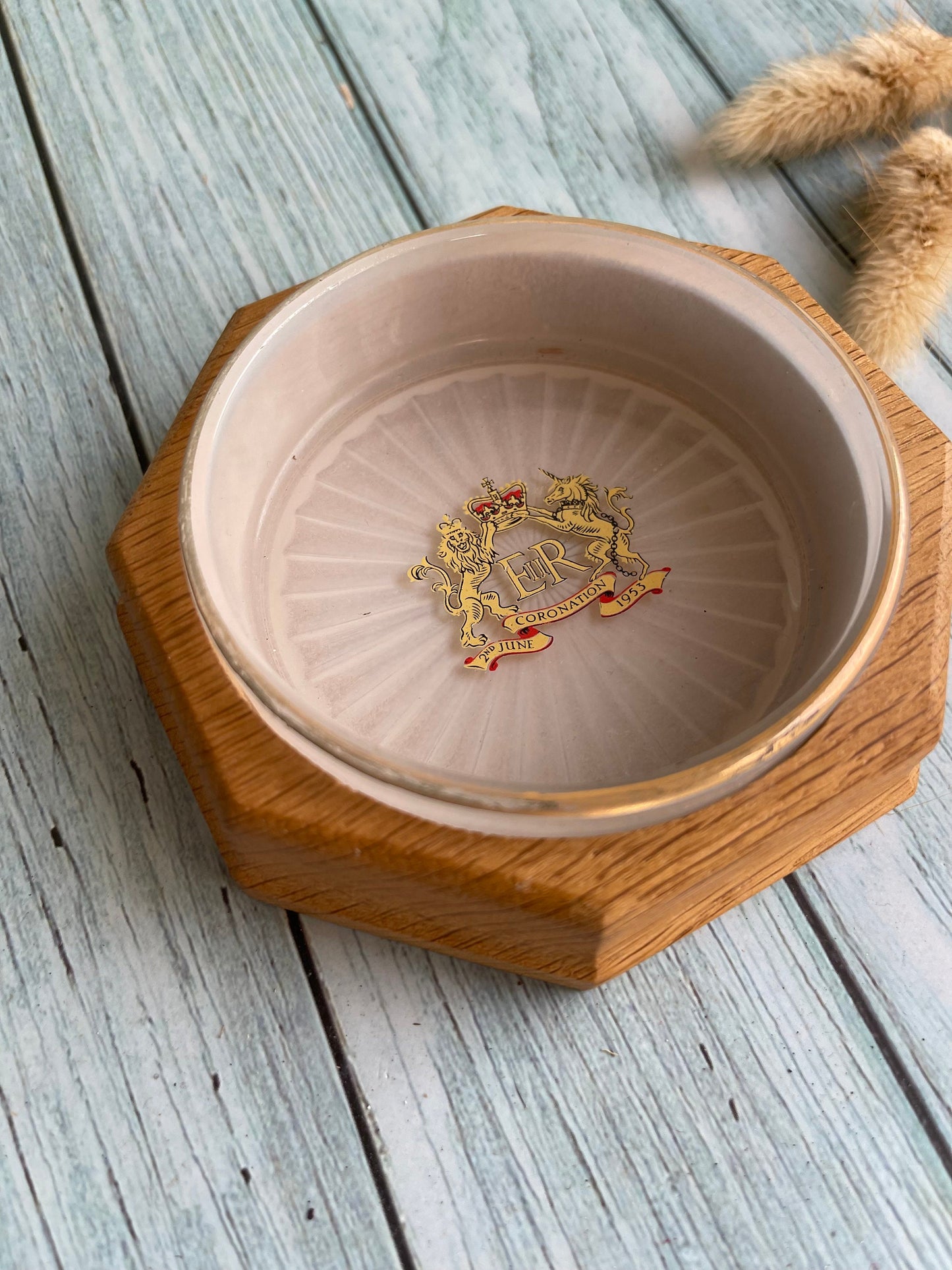 1953 Queen’s Coronation Trinket Glass Dish in Hexagonal Wooden Base