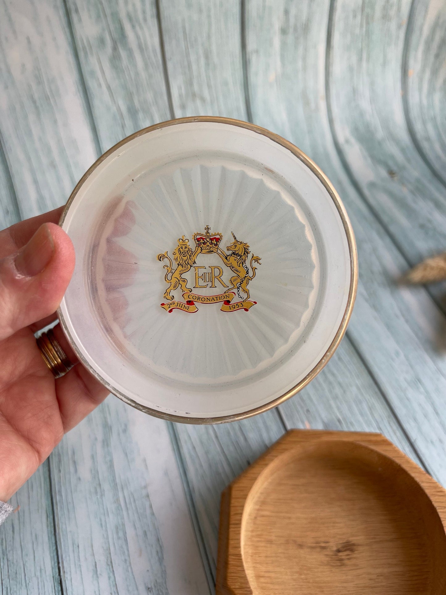 1953 Queen’s Coronation Trinket Glass Dish in Hexagonal Wooden Base