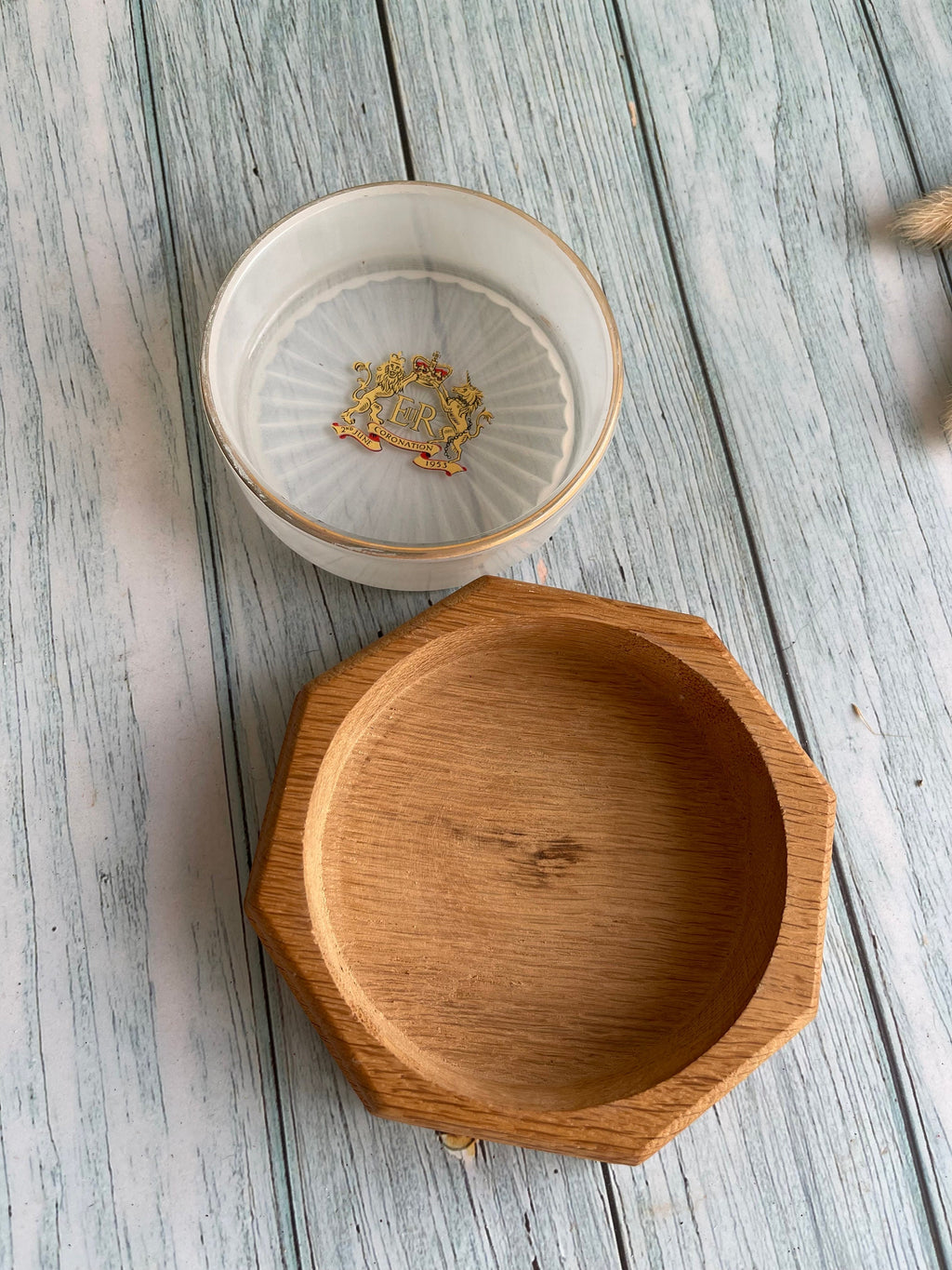 1953 Queen’s Coronation Butter Dish in Hexagonal Wooden Base