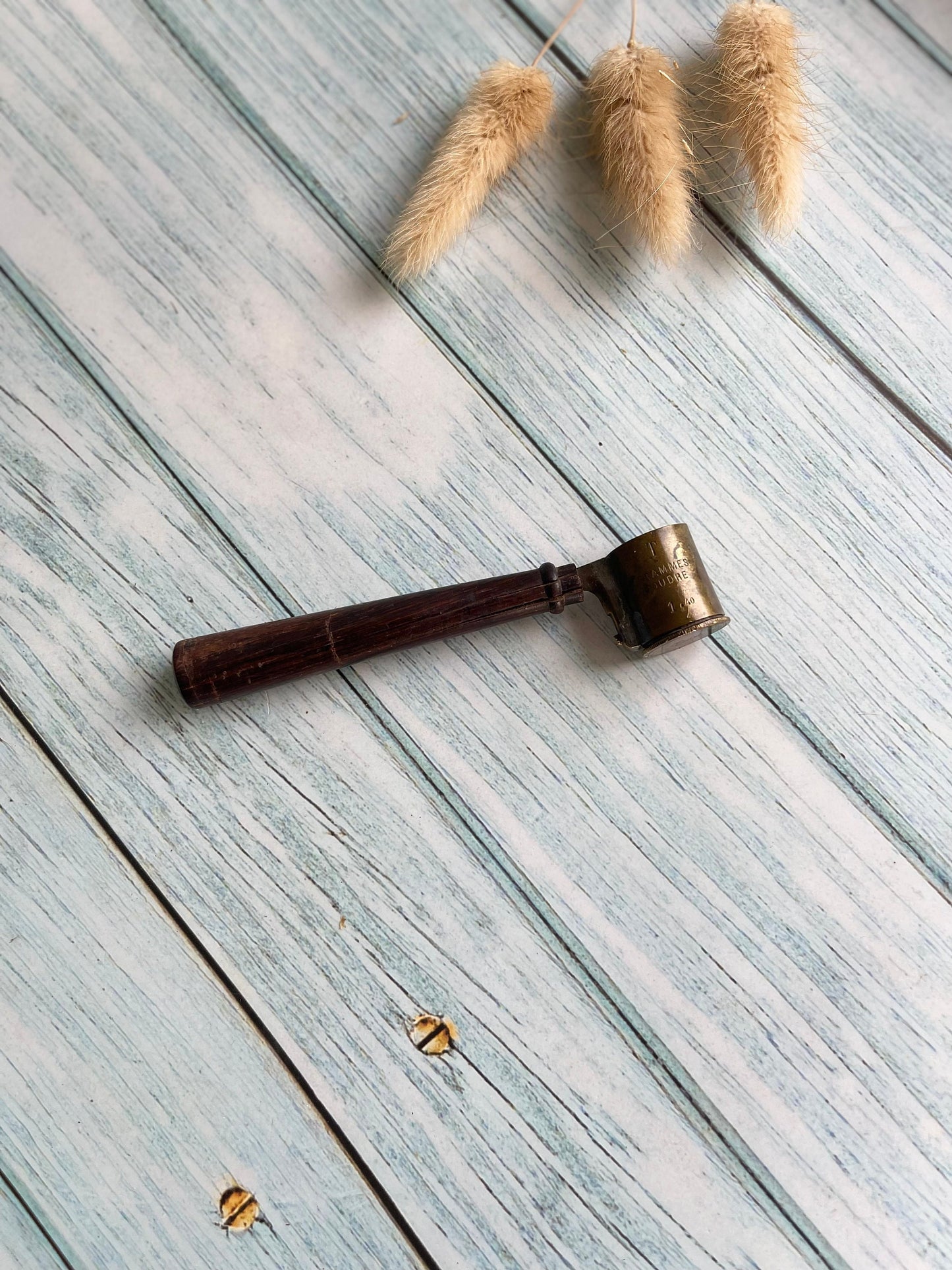 Antique French Naval Adjustable Lead Shot and Powder Brass Measure with Wooden Handle, Measures in Grammes, Anchor Mark to Base