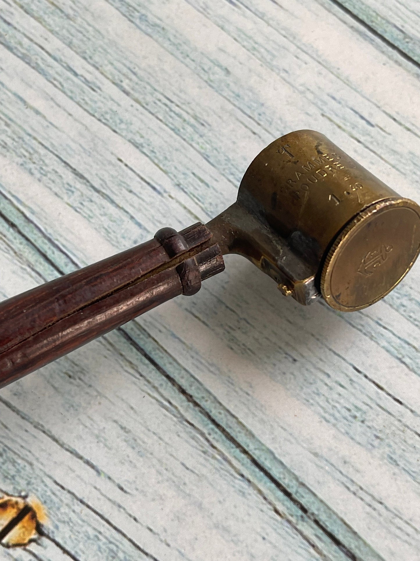 Antique French Naval Adjustable Lead Shot and Powder Brass Measure with Wooden Handle, Measures in Grammes, Anchor Mark to Base