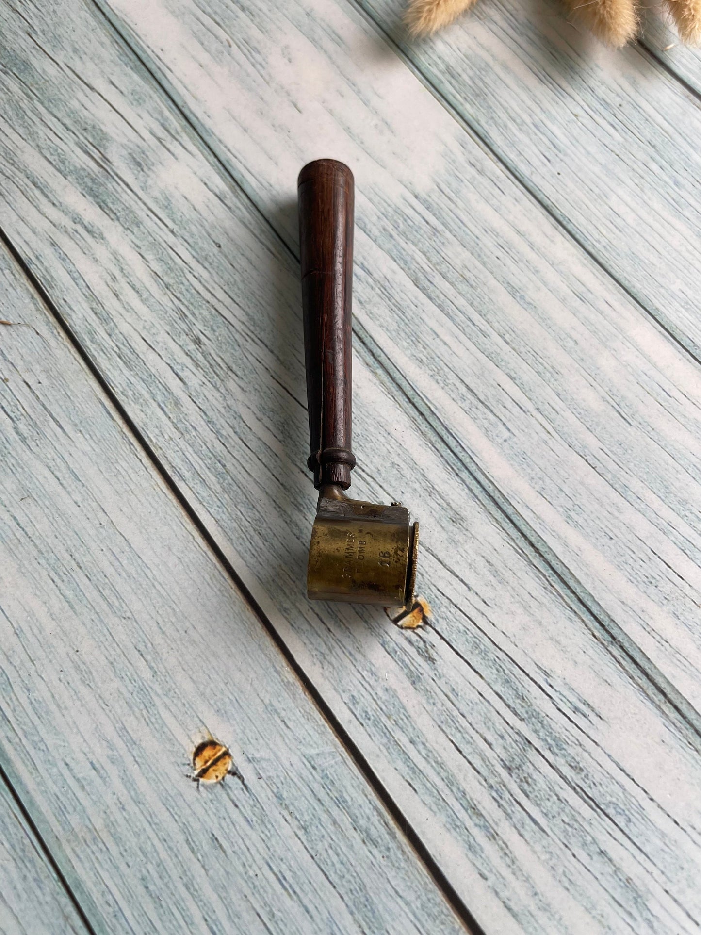 Antique French Naval Adjustable Lead Shot and Powder Brass Measure with Wooden Handle, Measures in Grammes, Anchor Mark to Base