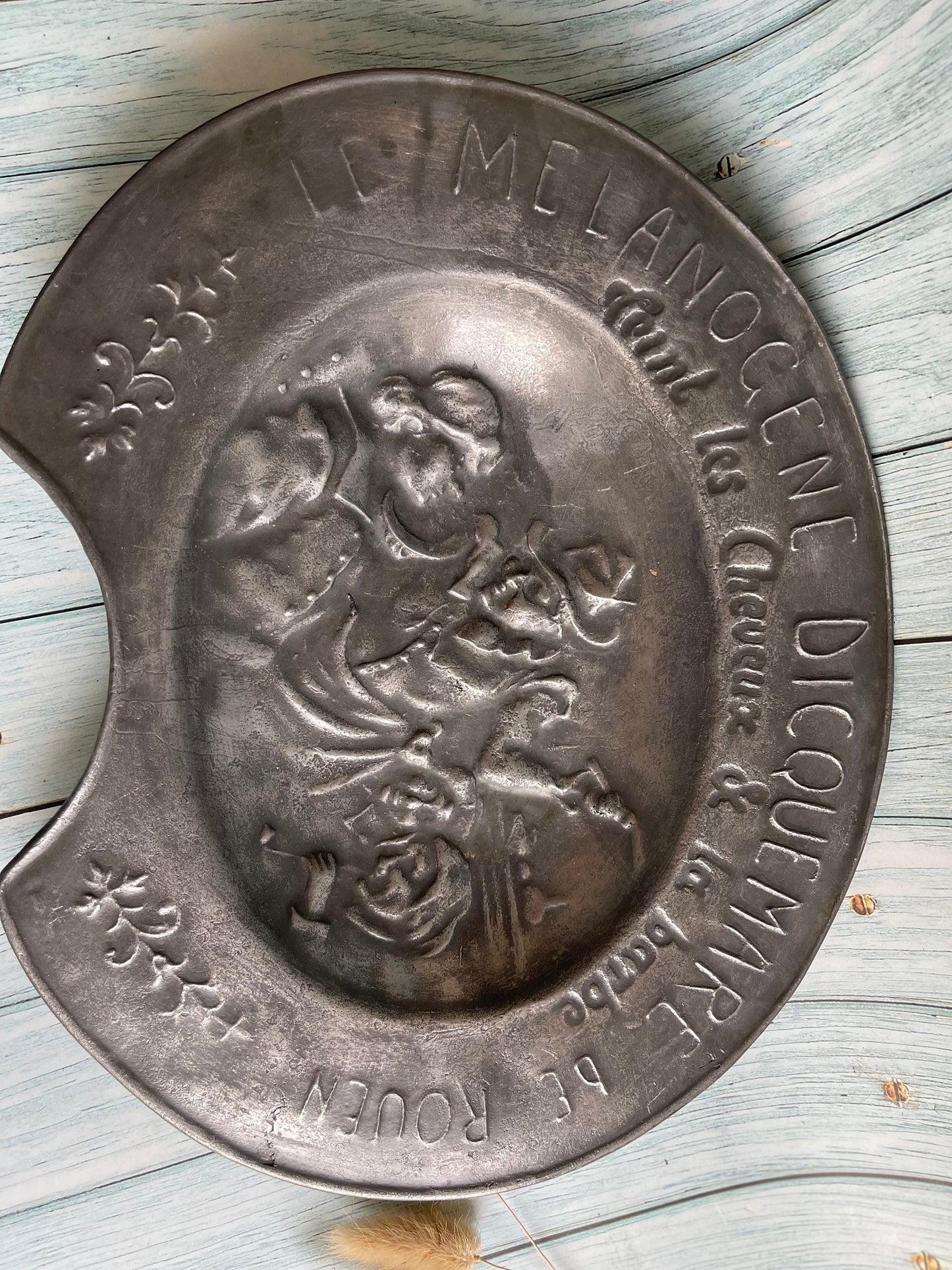 Antique 19th Century French Pewter Shaving Dish Advertising Le Melanogene Dicquemare de Rouen Hair and Beard Dye