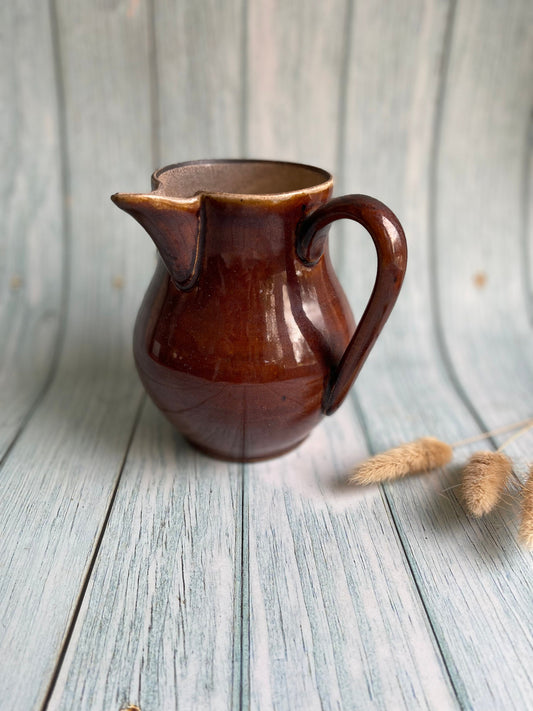 Antique French Side Spout Syrup Jug or Pitcher / Brown Crazed Glaze Vase / Rustic Farmhouse Decor