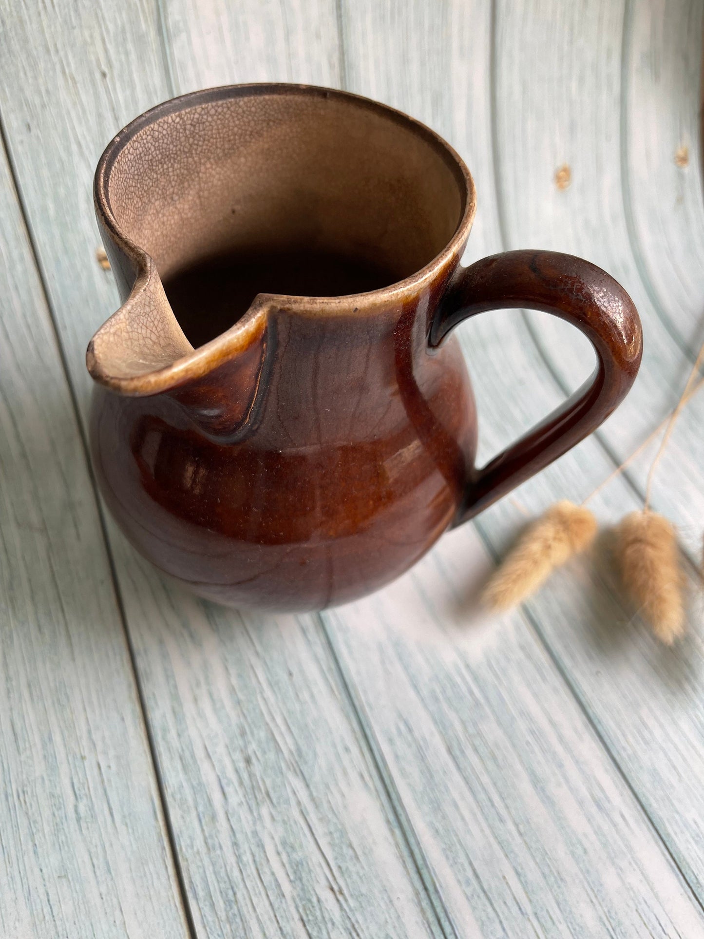 Antique French Side Spout Syrup Jug or Pitcher / Brown Crazed Glaze Vase / Rustic Farmhouse Decor