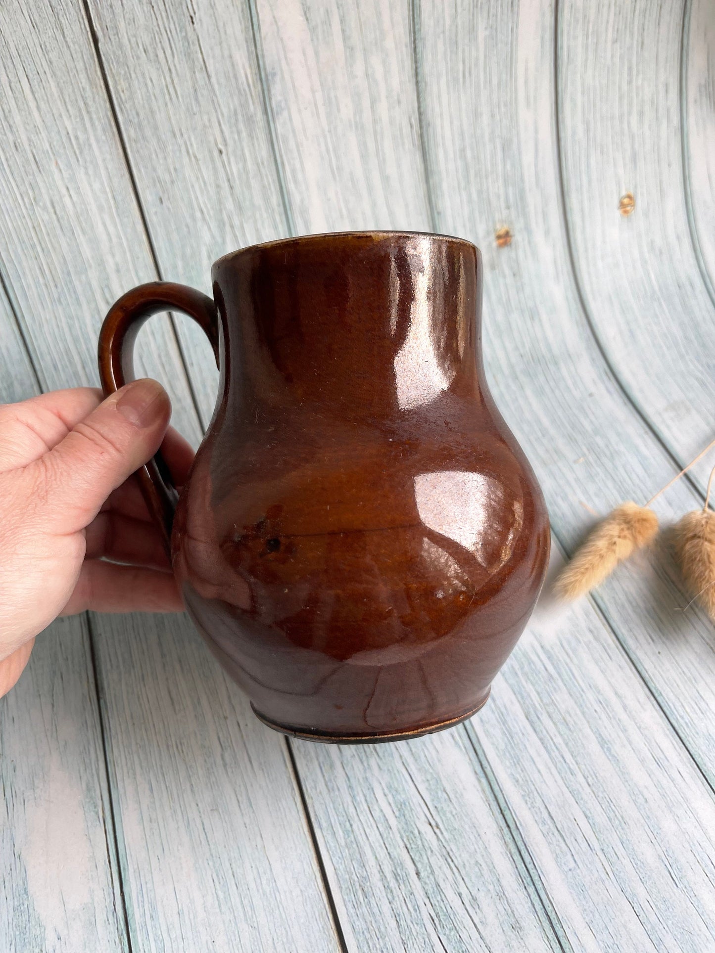 Antique French Side Spout Syrup Jug or Pitcher / Brown Crazed Glaze Vase / Rustic Farmhouse Decor