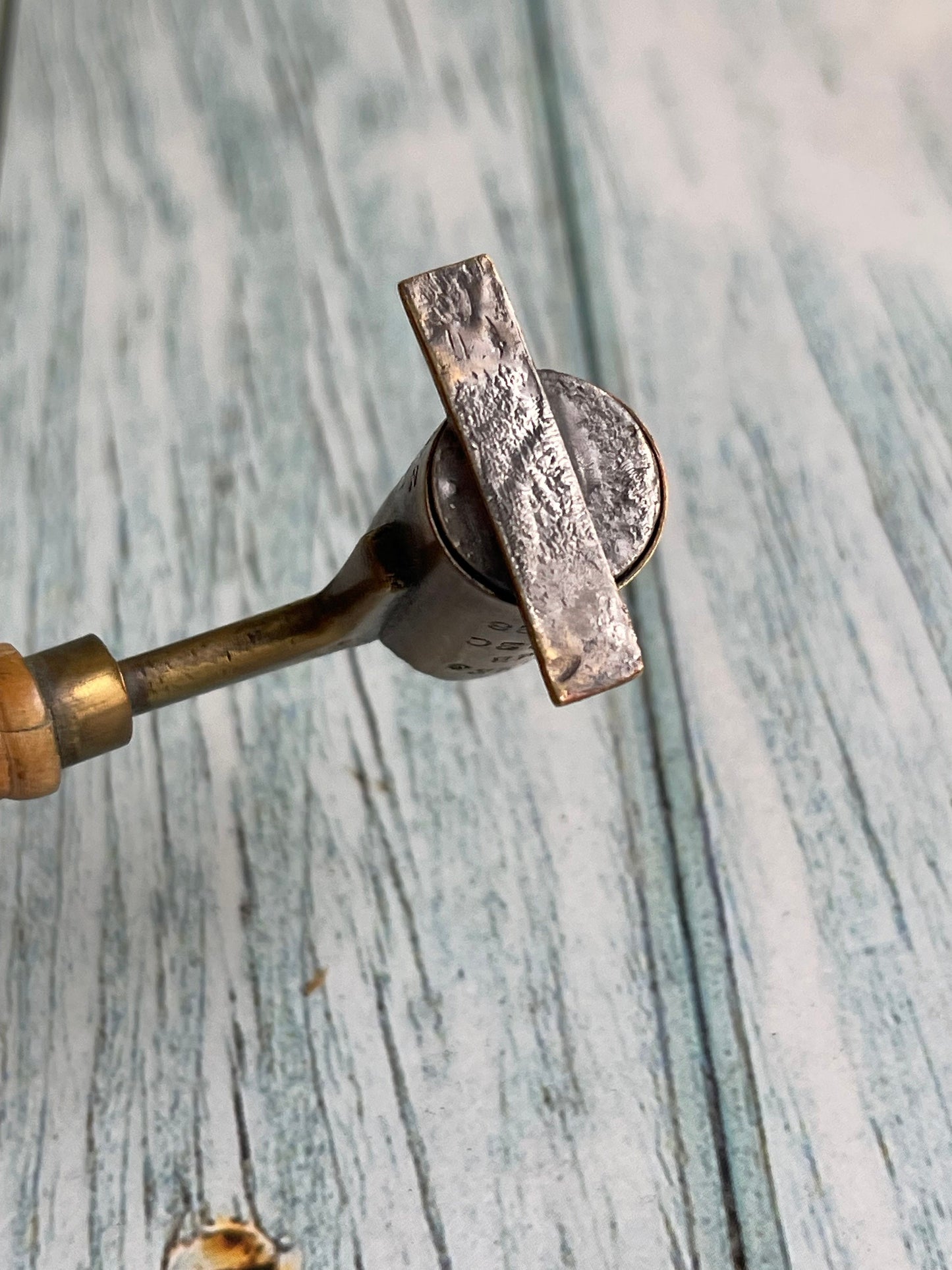 Antique French Lead Shot or Powder Grammes Adjustable Brass Measure with Barrel Stand and Wooden Handle