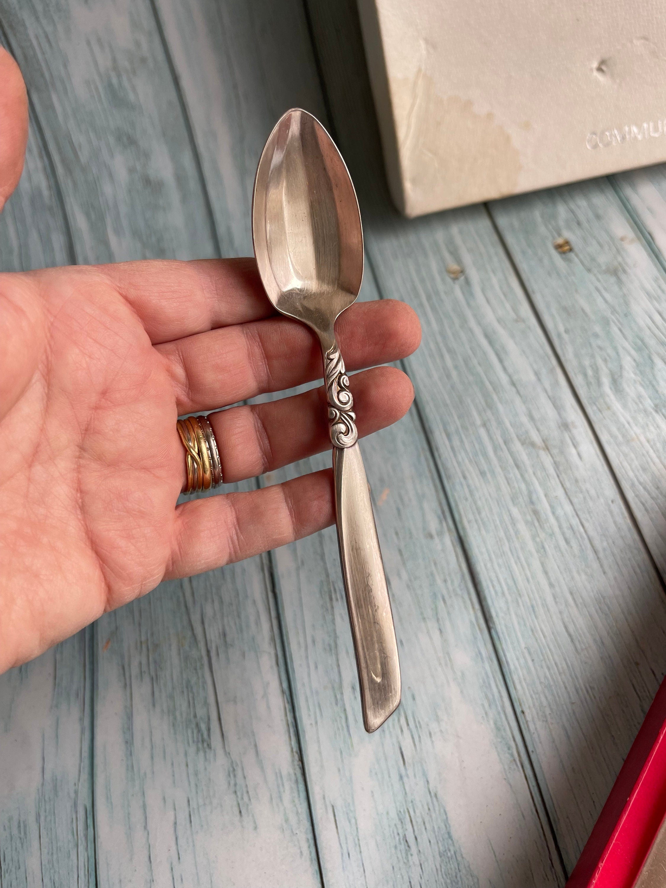 Vintage Oneida Community Plate Boxed Set of Six Silver Plated Grapefruit Spoons in the South Seas Pattern