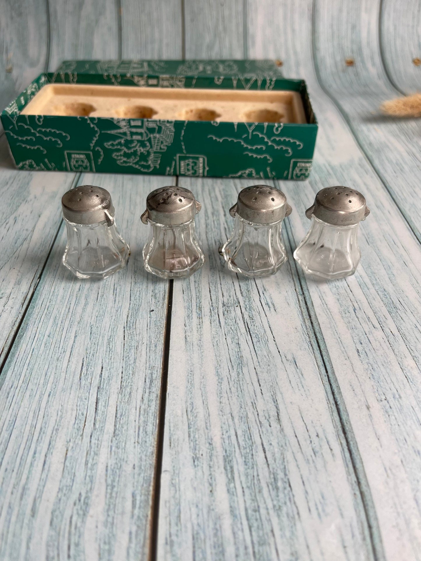 Vintage French Set of Four Glass and Pewter Salts in Original Box Made By Etains du Manoir