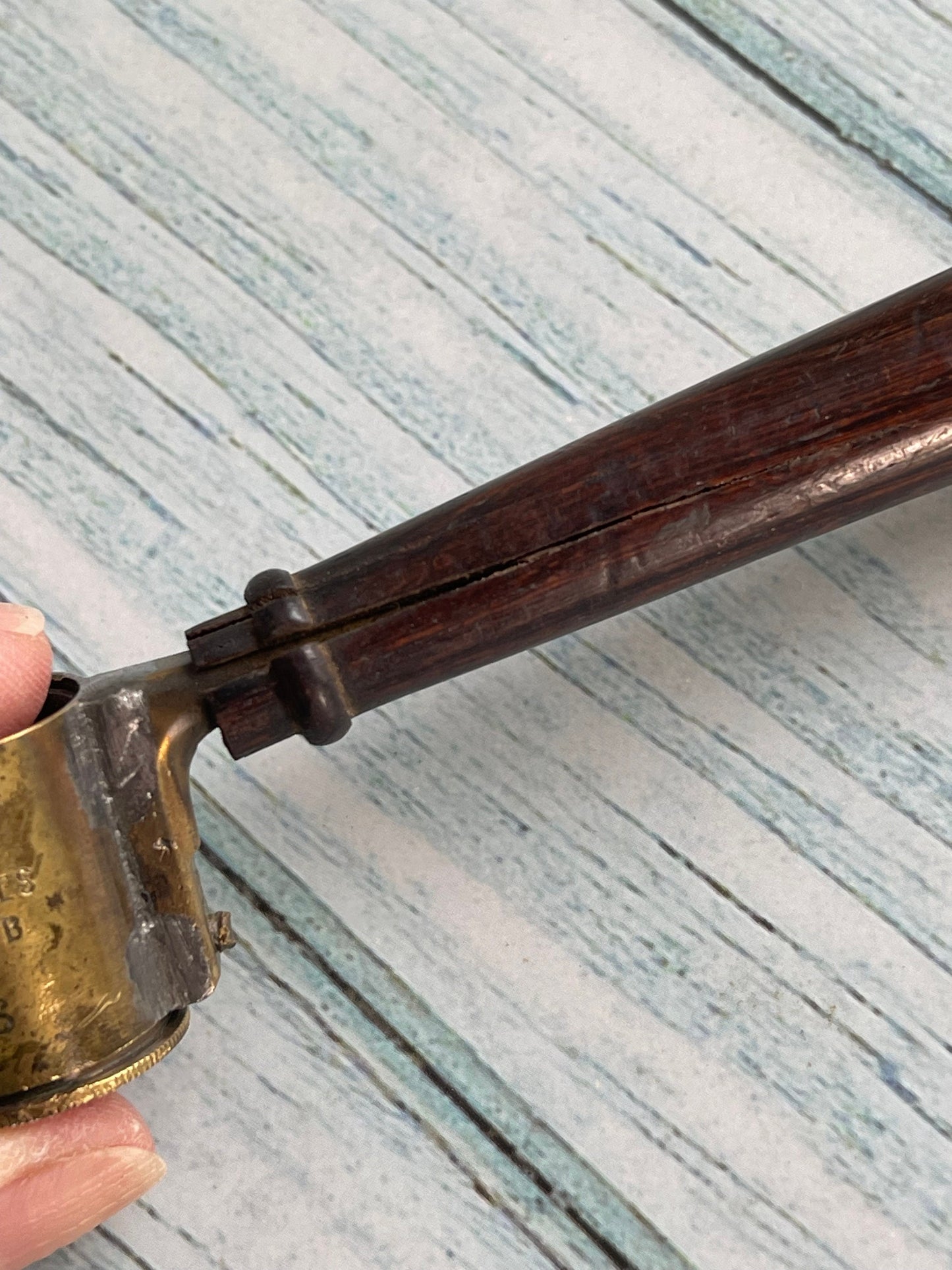 Antique French Naval Adjustable Lead Shot and Powder Brass Measure with Wooden Handle, Measures in Grammes, Anchor Mark to Base