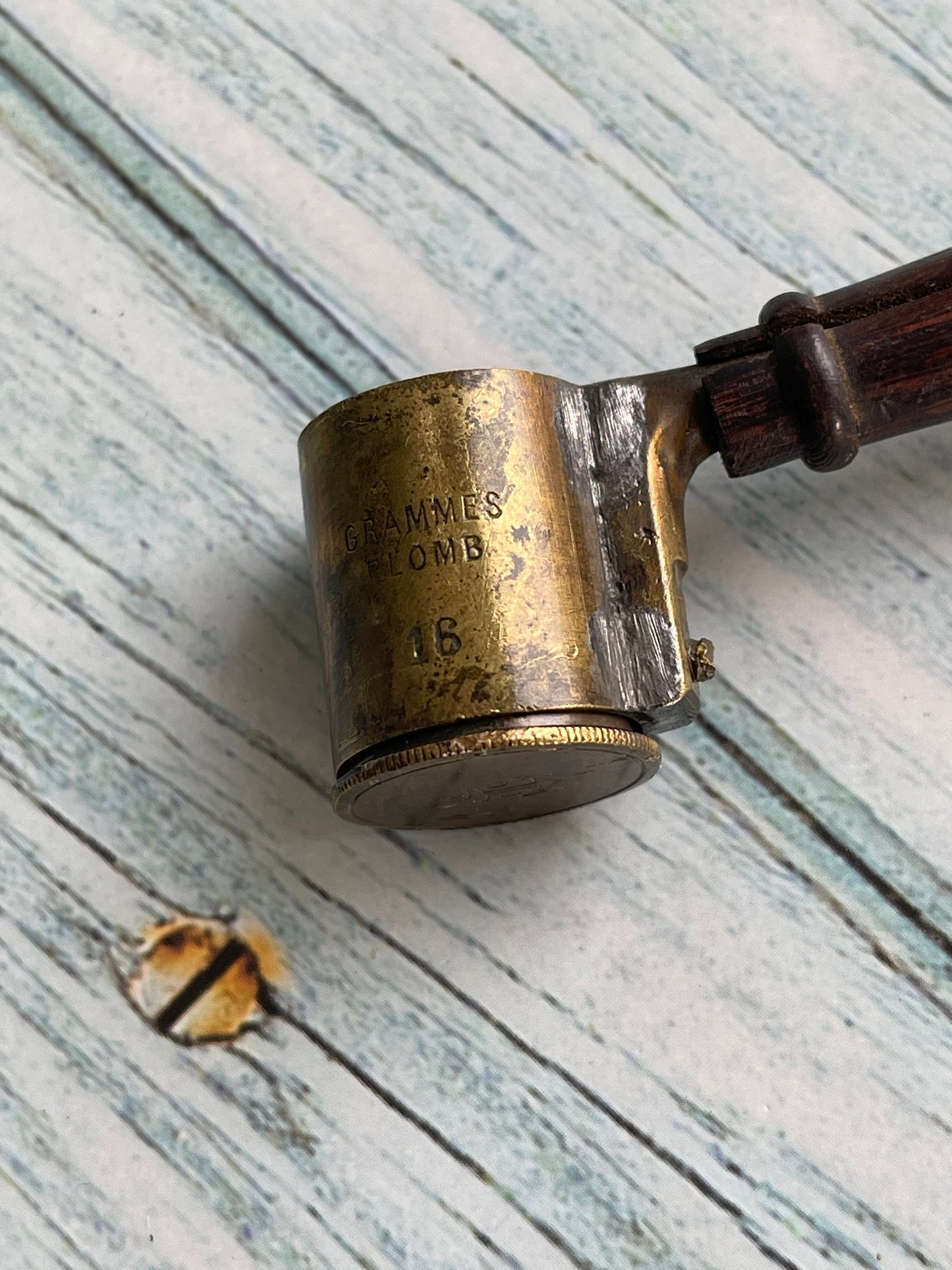 Antique French Naval Adjustable Lead Shot and Powder Brass Measure with Wooden Handle, Measures in Grammes, Anchor Mark to Base