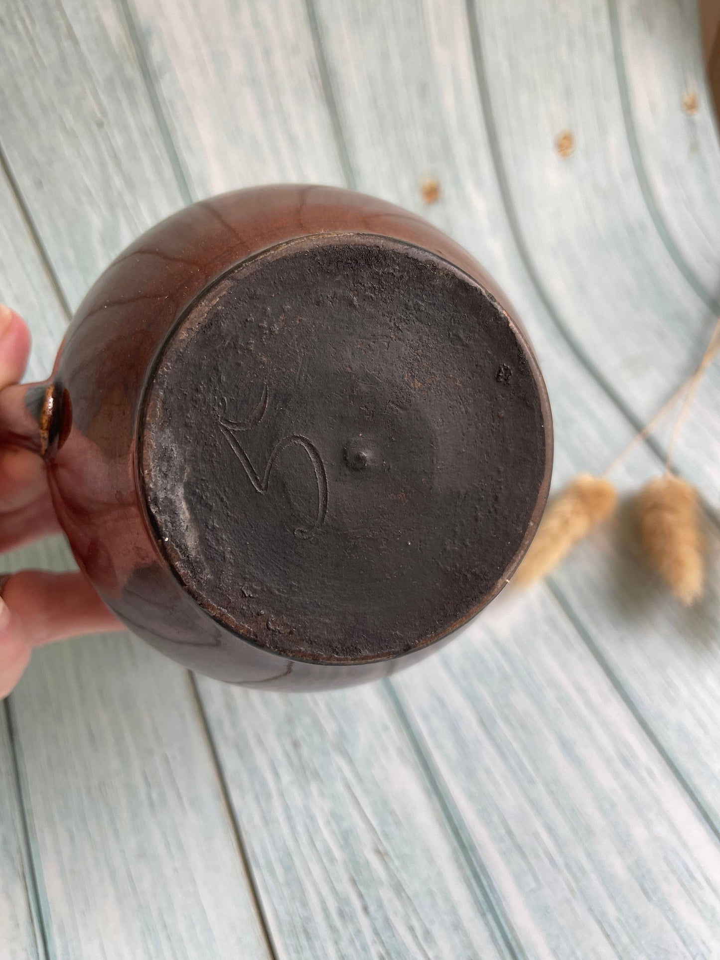 Antique French Side Spout Syrup Jug or Pitcher / Brown Crazed Glaze Vase / Rustic Farmhouse Decor