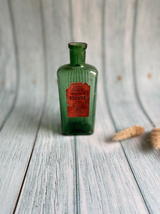 Vintage Green Glass Tincture of Iodine Bottle with Original Label, Made for Jarrold & Sons, Norwich