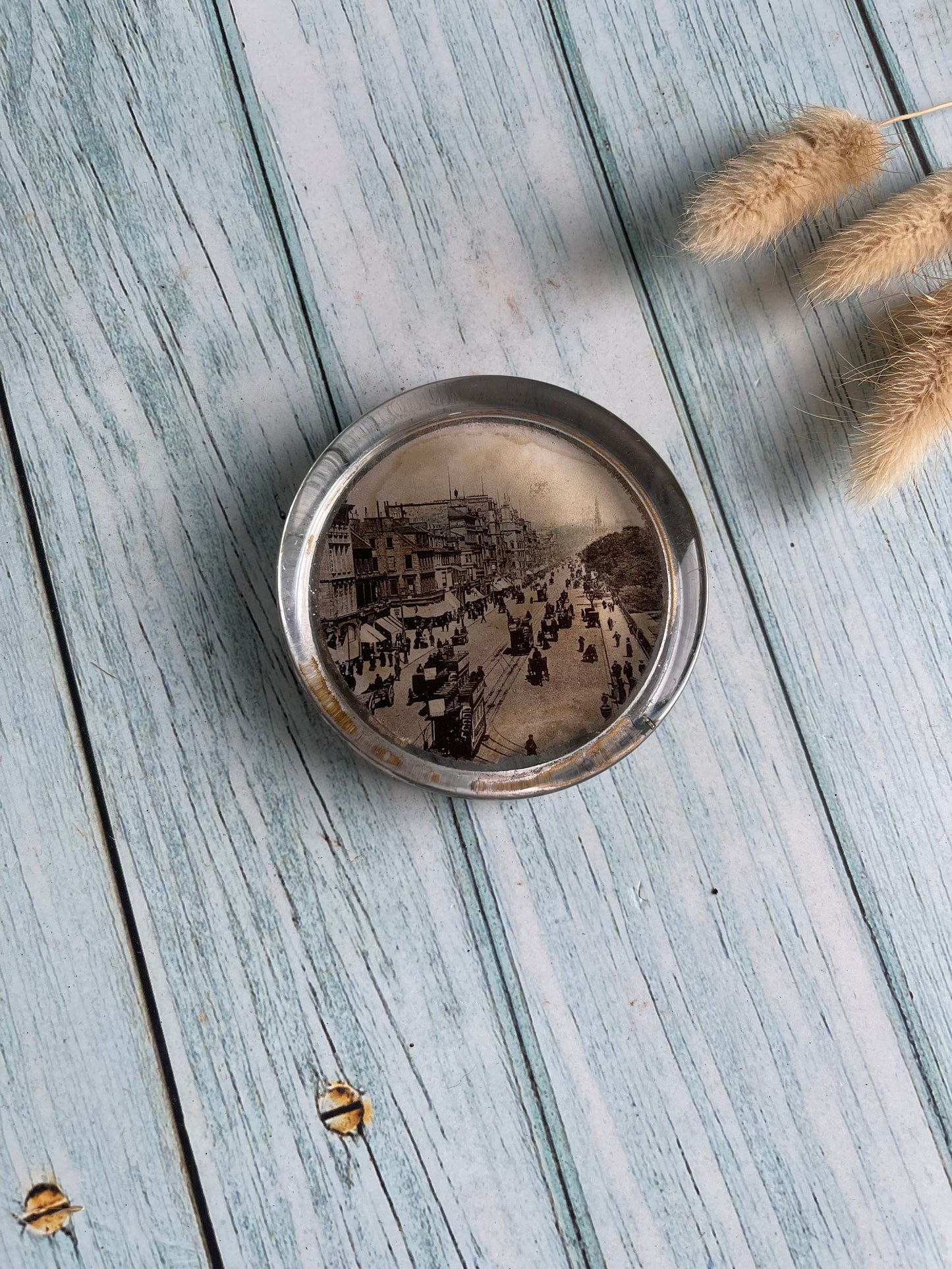 Antique Street Scene Photograph Round Clear Glass Paperweight, Flat Top