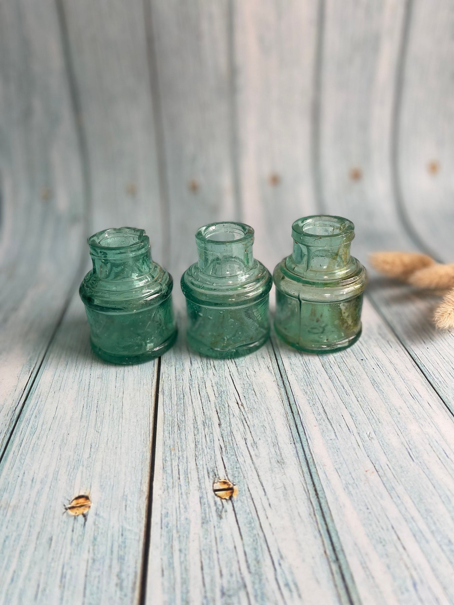 Three Antique Green Glass Ink Bottles